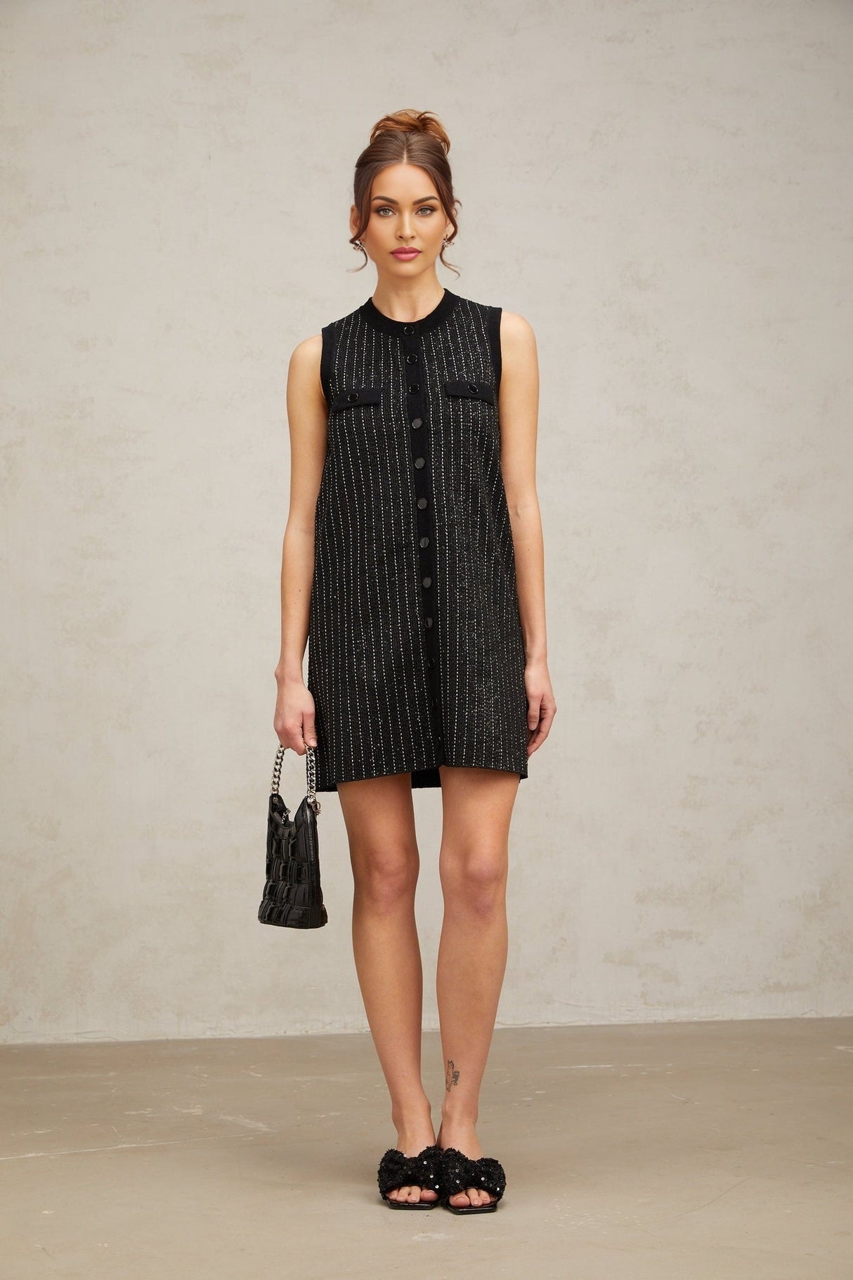 Corinna Mini Dress - Knitted Sleeveless Velvet Stripe Sequin Embellished