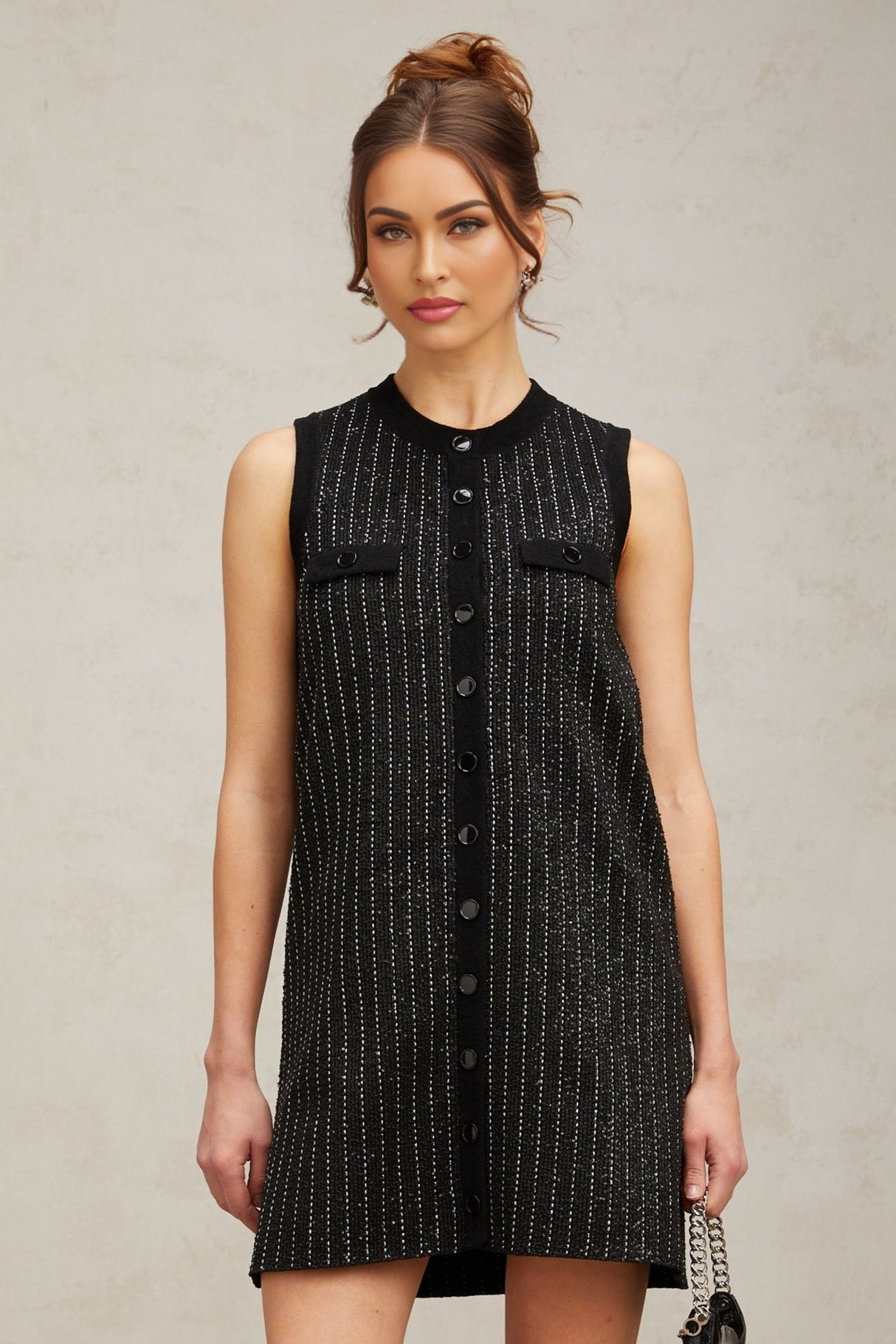Corinna Mini Dress - Knitted Sleeveless Velvet Stripe Sequin Embellished