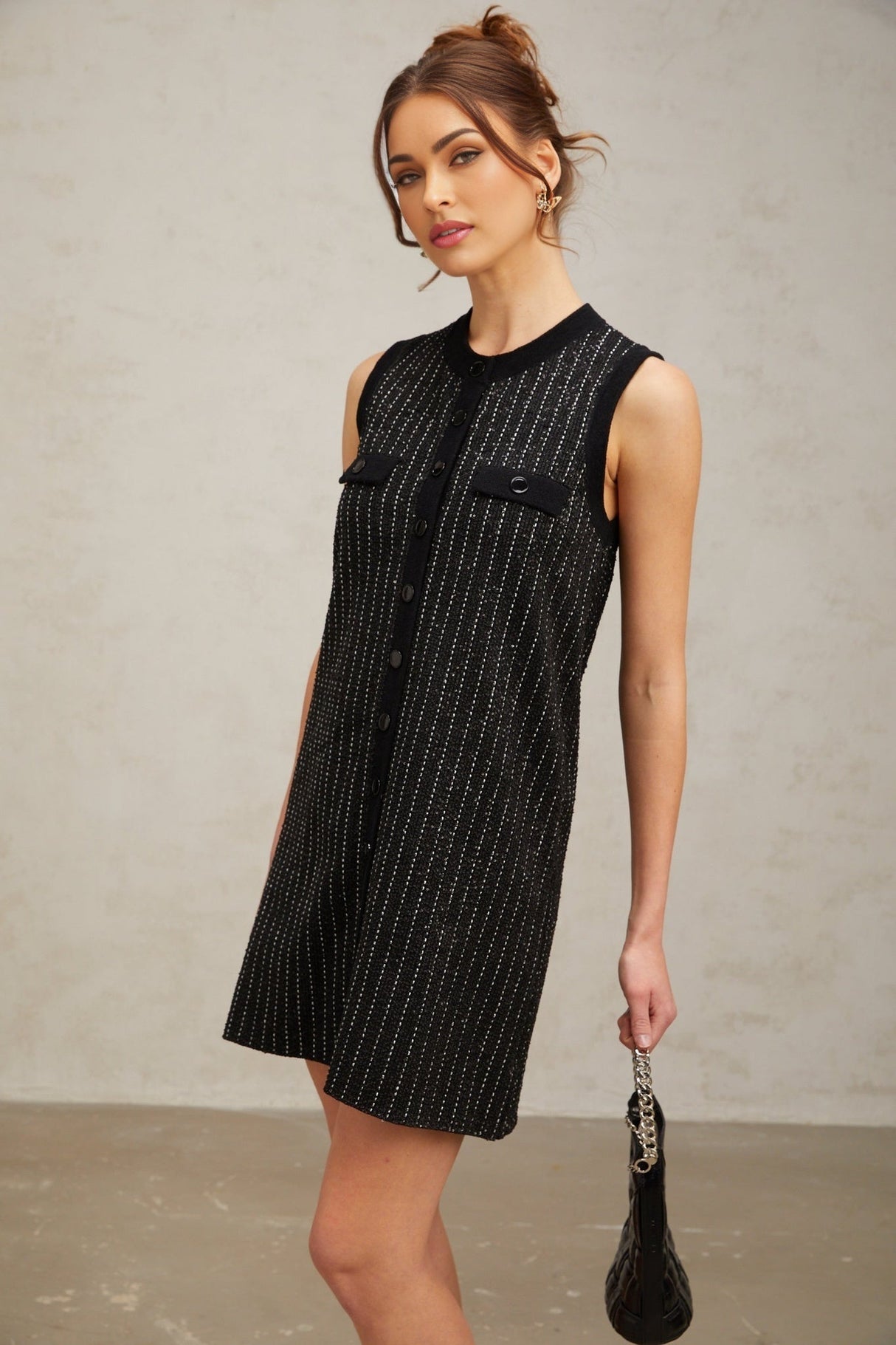 Corinna Mini Dress - Knitted Sleeveless Velvet Stripe Sequin Embellished