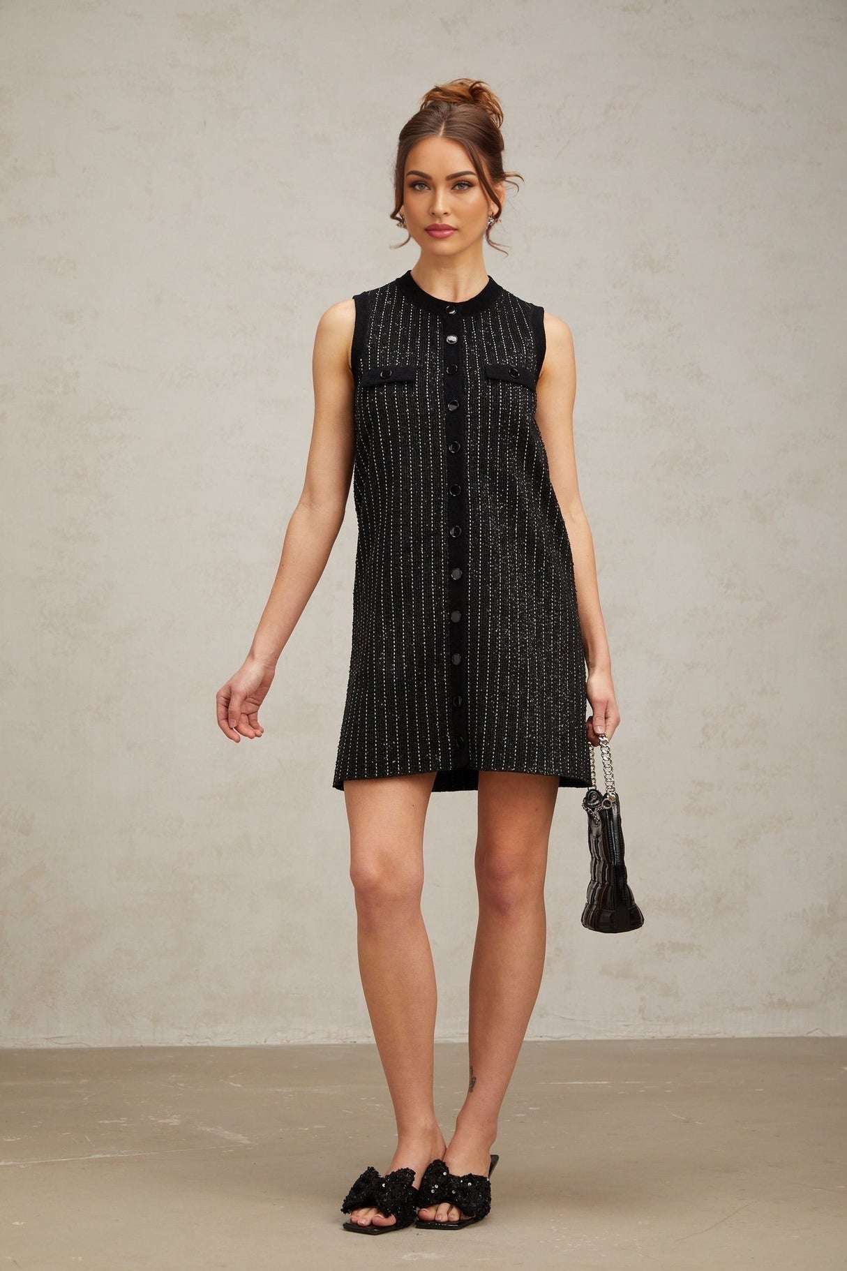 Corinna Mini Dress - Knitted Sleeveless Velvet Stripe Sequin Embellished