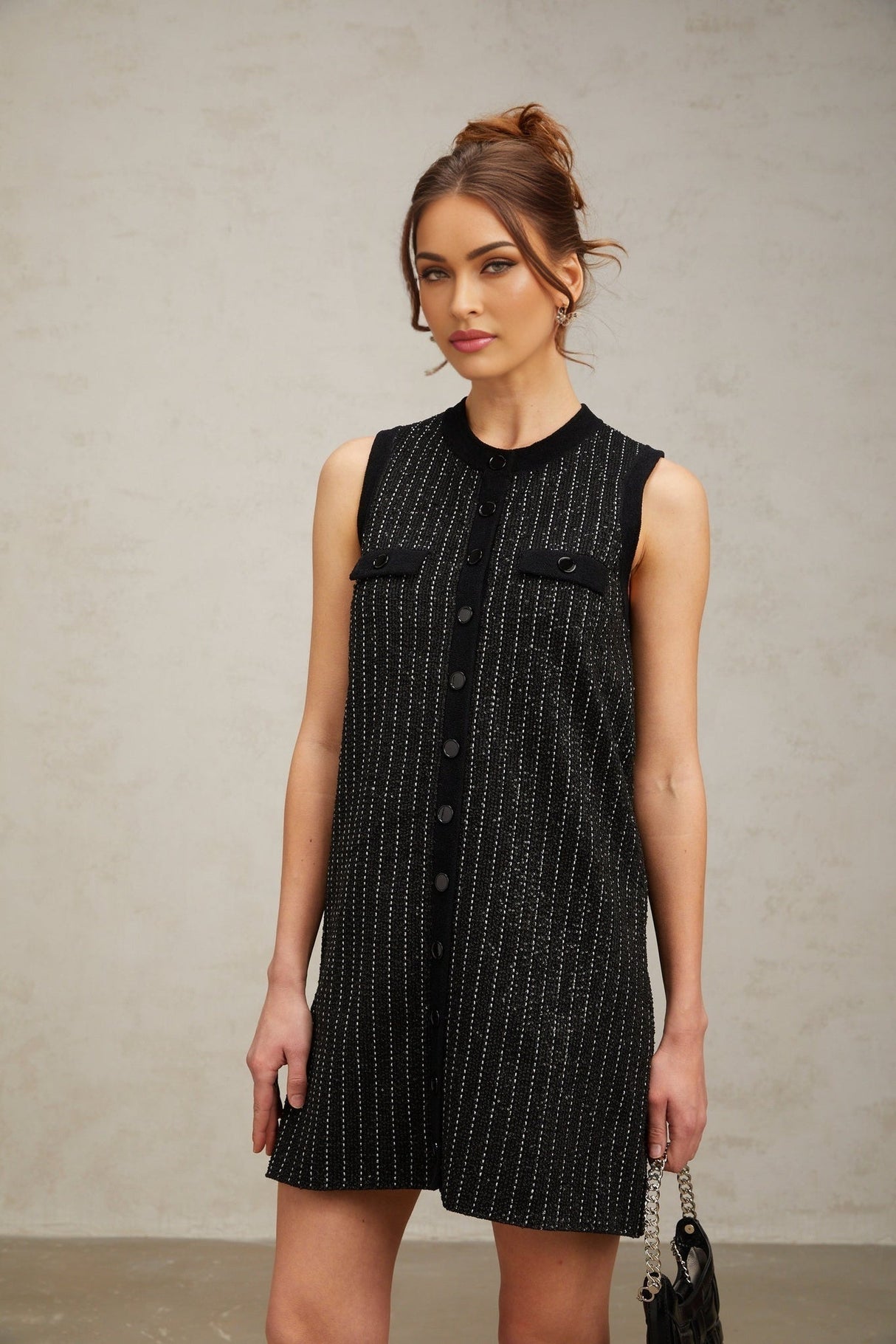 Corinna Mini Dress - Knitted Sleeveless Velvet Stripe Sequin Embellished