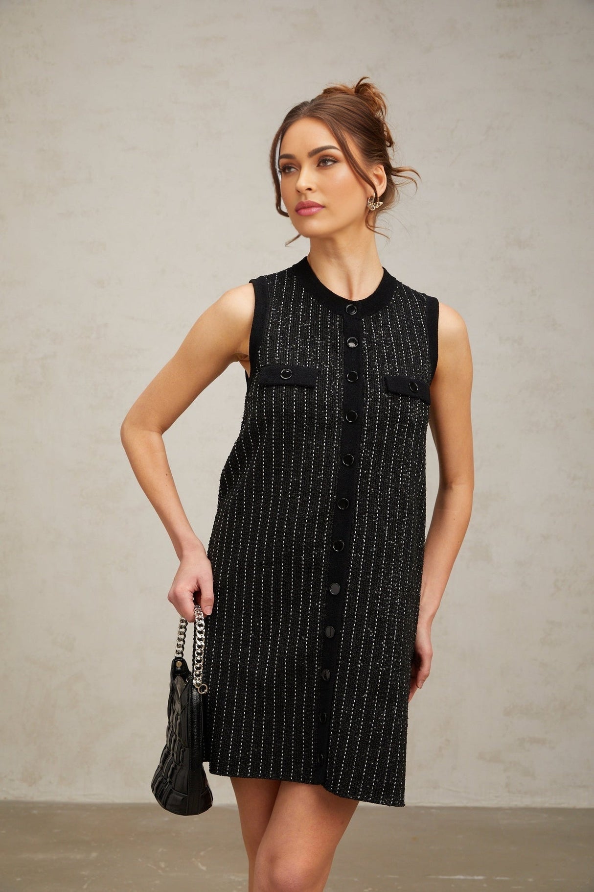 Corinna Mini Dress - Knitted Sleeveless Velvet Stripe Sequin Embellished