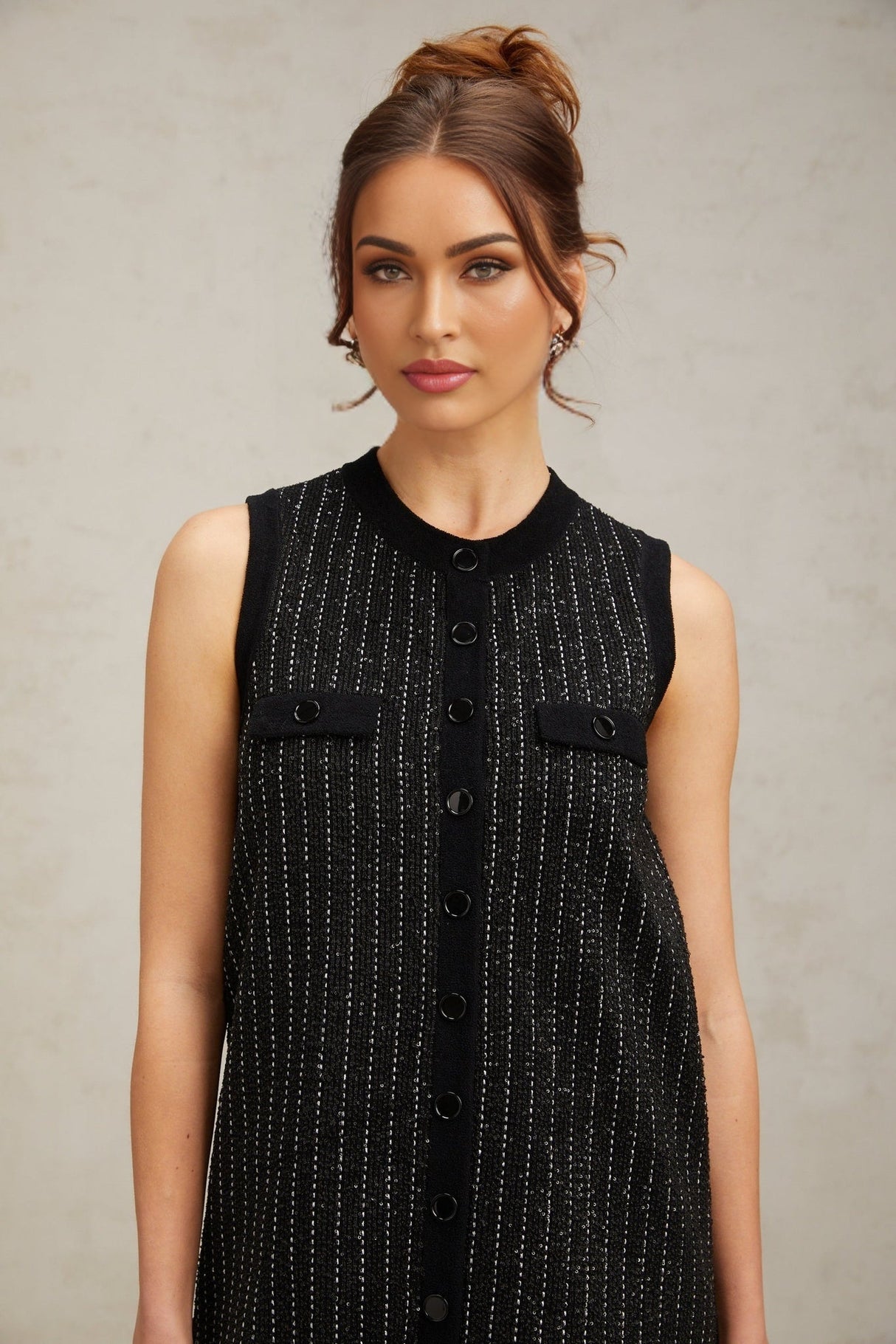 Corinna Mini Dress - Knitted Sleeveless Velvet Stripe Sequin Embellished