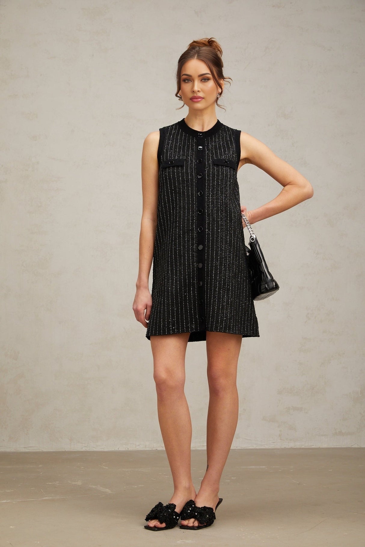 Corinna Mini Dress - Knitted Sleeveless Velvet Stripe Sequin Embellished