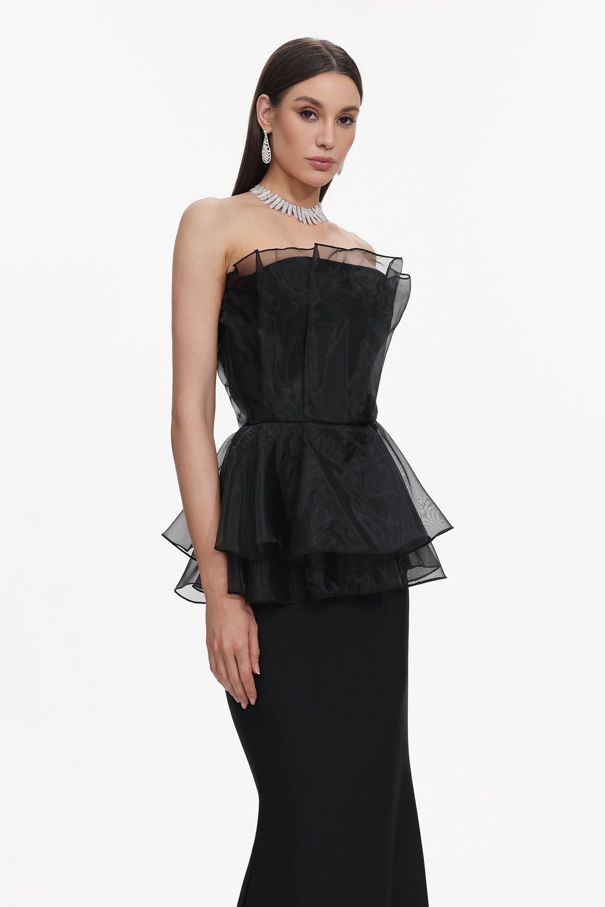 Cosima Black Fishtail Silhouette Strapless Formal Dress with Ruffle Detailing
