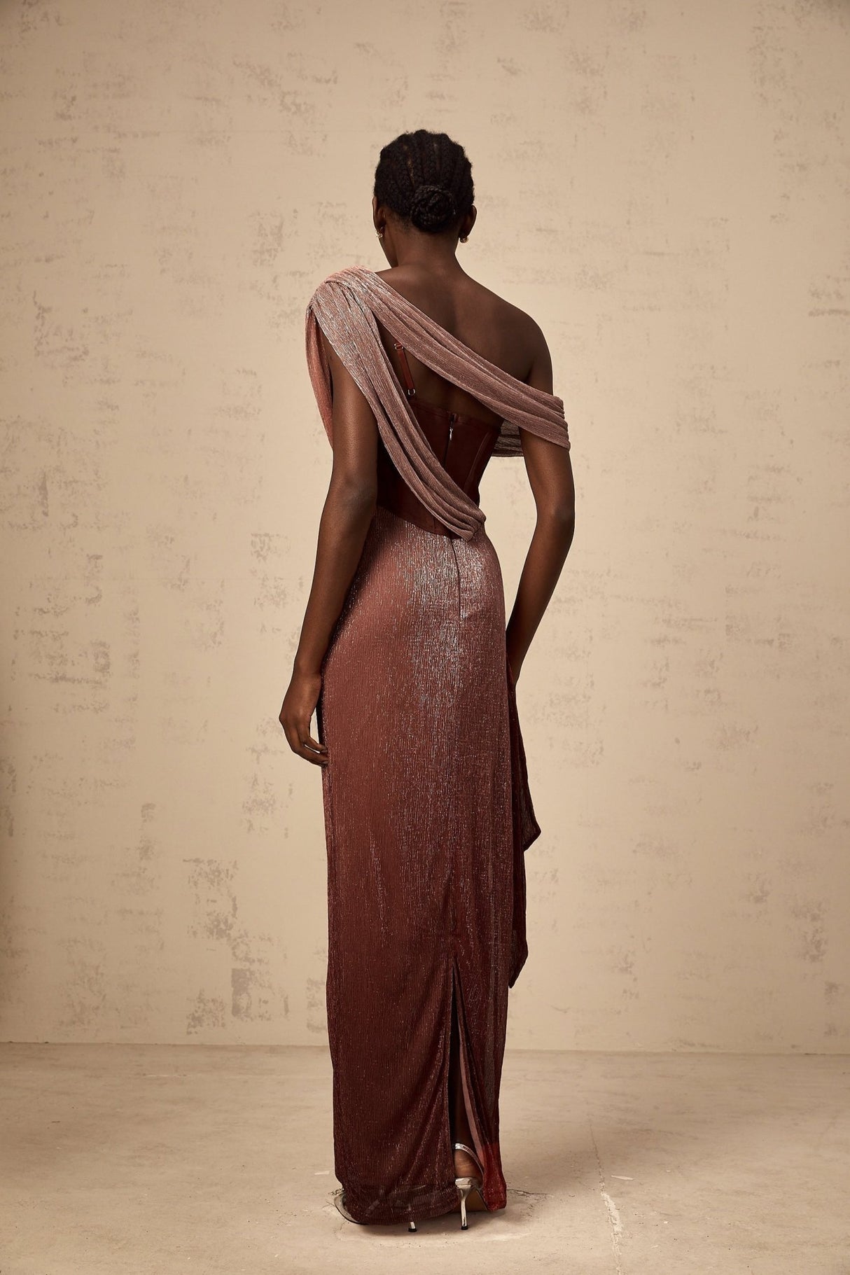 Cosima Maxi Dress - Bustier Style - Ribbon Detail - Asymmetric Design - Metallic Effect - Rear Zip Fastening