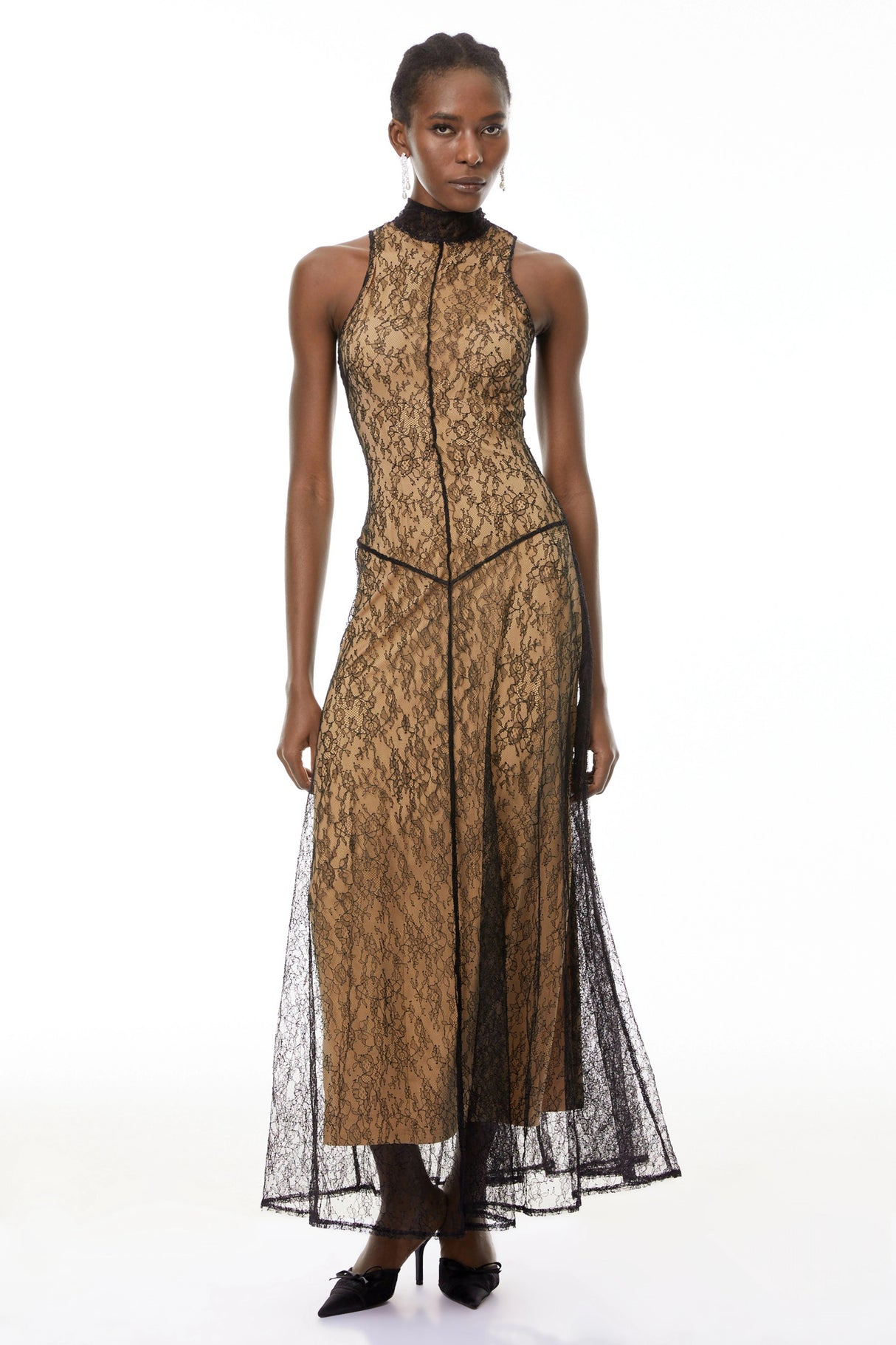 Cosmina Black Halterneck Floral Lace Maxi Dress