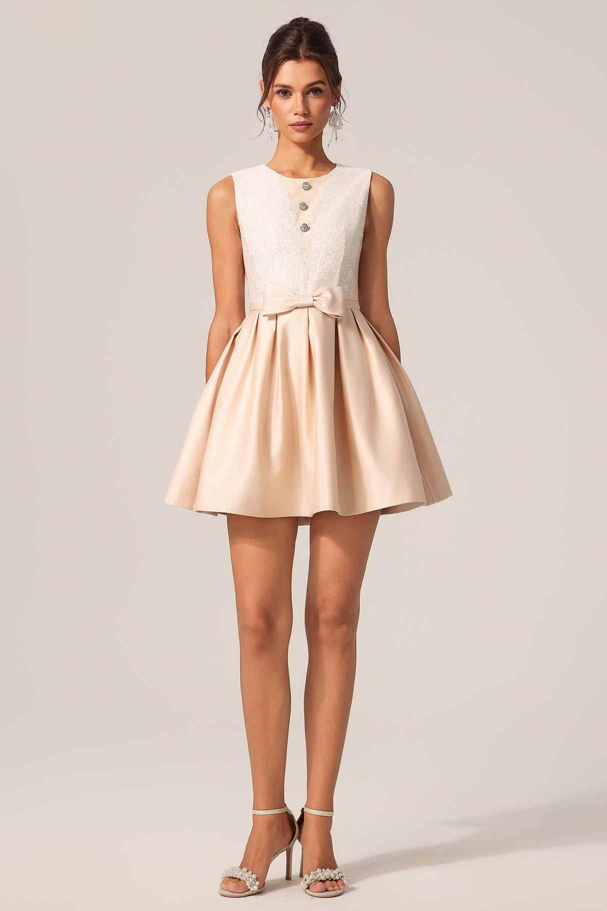 Costanza Beige Lace Detail Sleeveless Mini Dress with Bow Waist and Button Accents