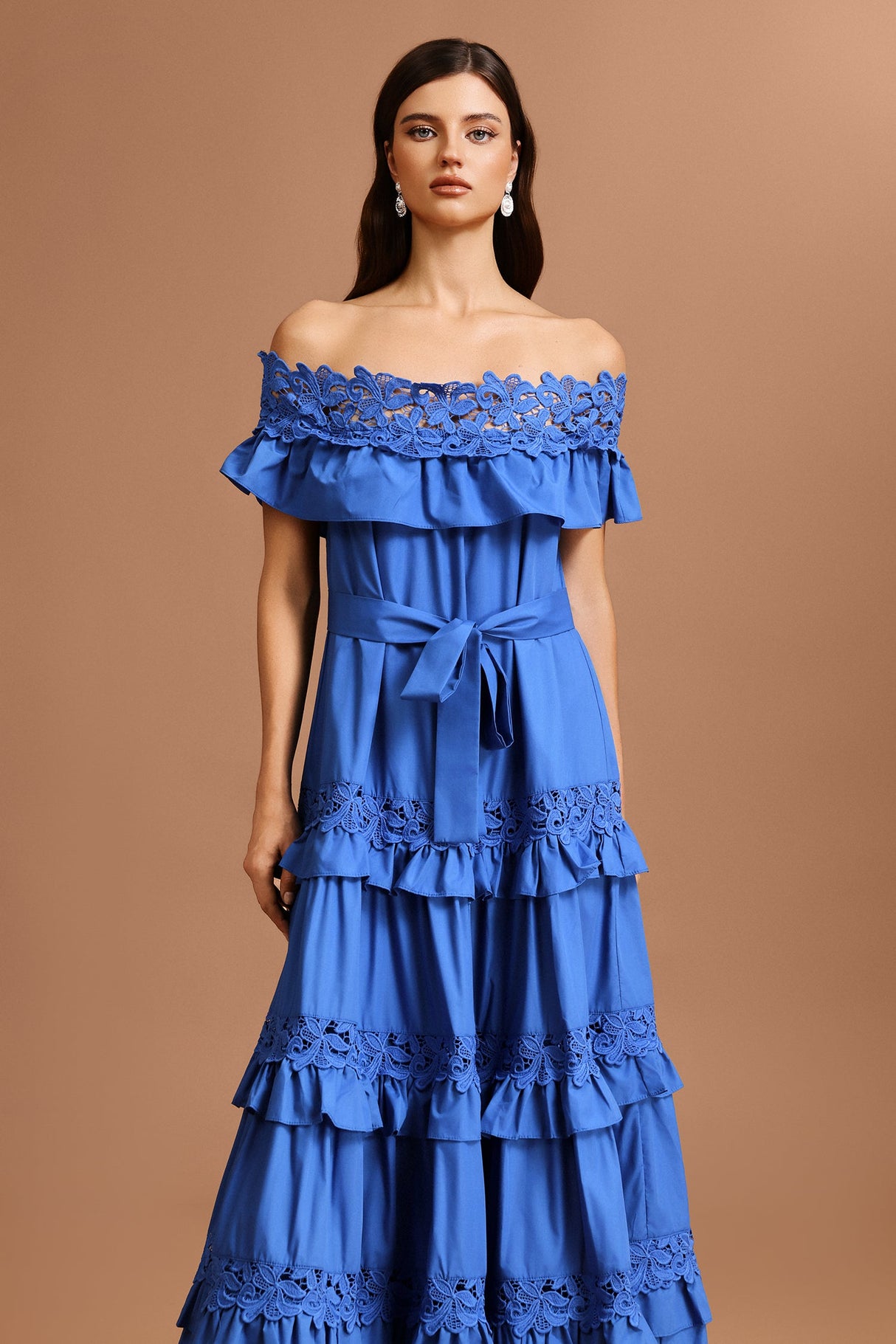 Costanza Blue Lace Off-Shoulder Maxi Dress