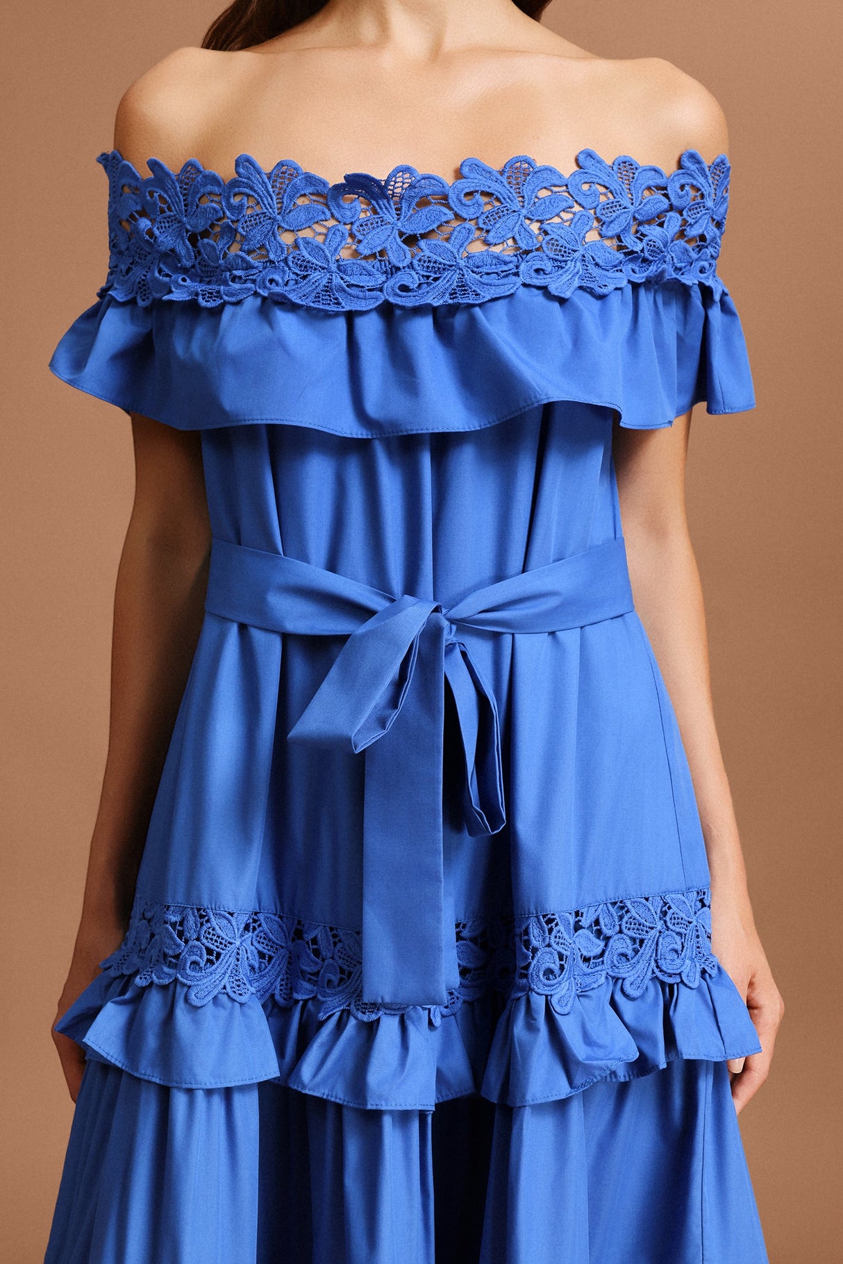 Costanza Blue Lace Off Shoulder Maxi Dress