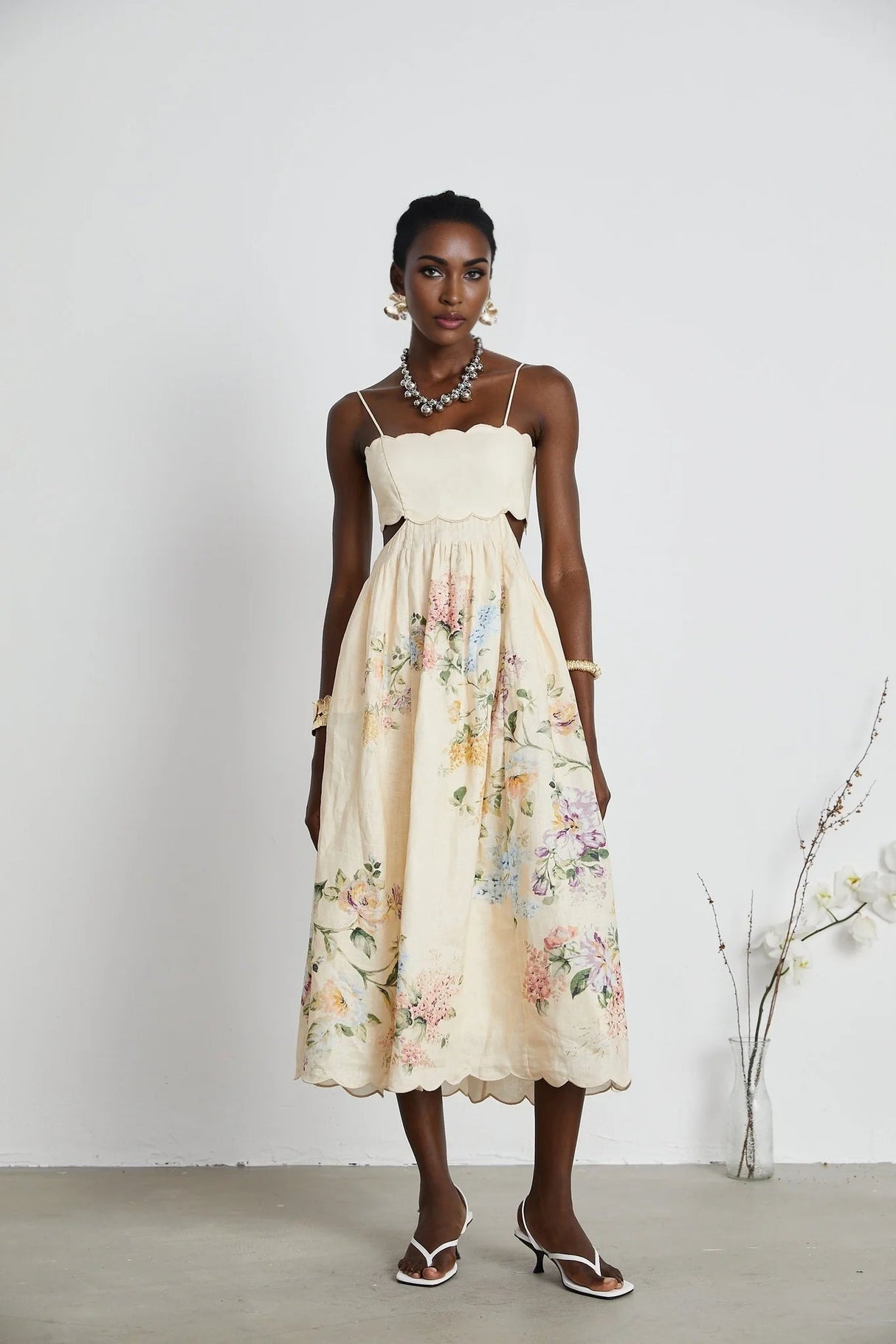 Costanza Midi Dress Floral Print & Cut - Out Neutrals