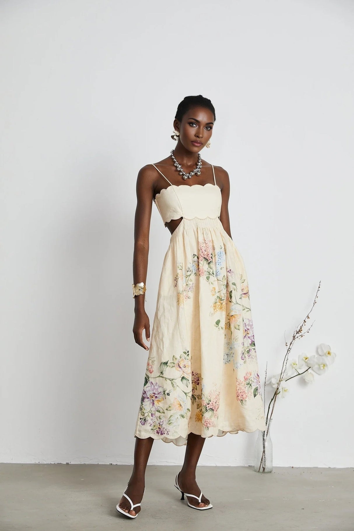 Costanza Midi Dress Floral Print & Cut - Out Neutrals