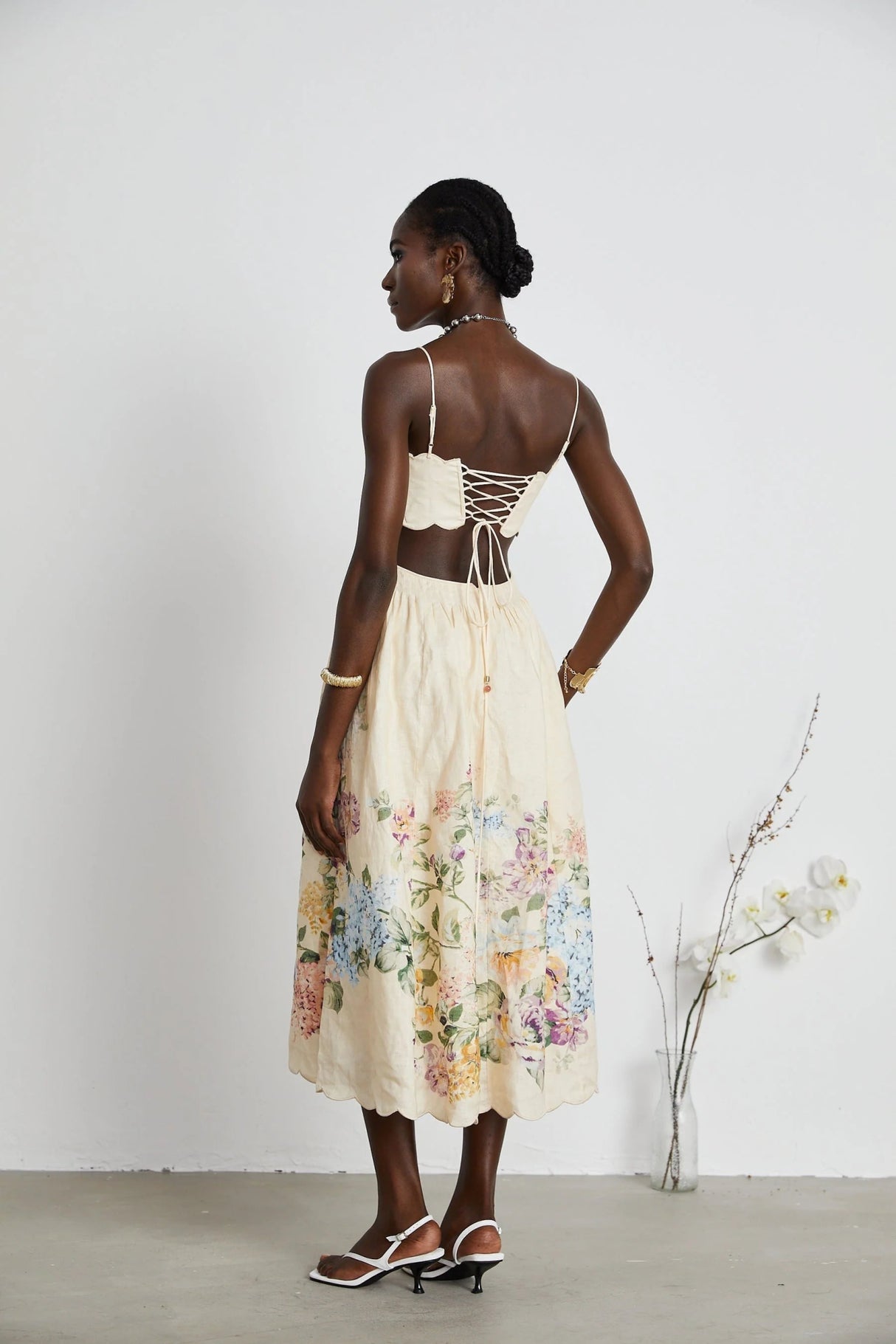 Costanza Midi Dress Floral Print & Cut - Out Neutrals