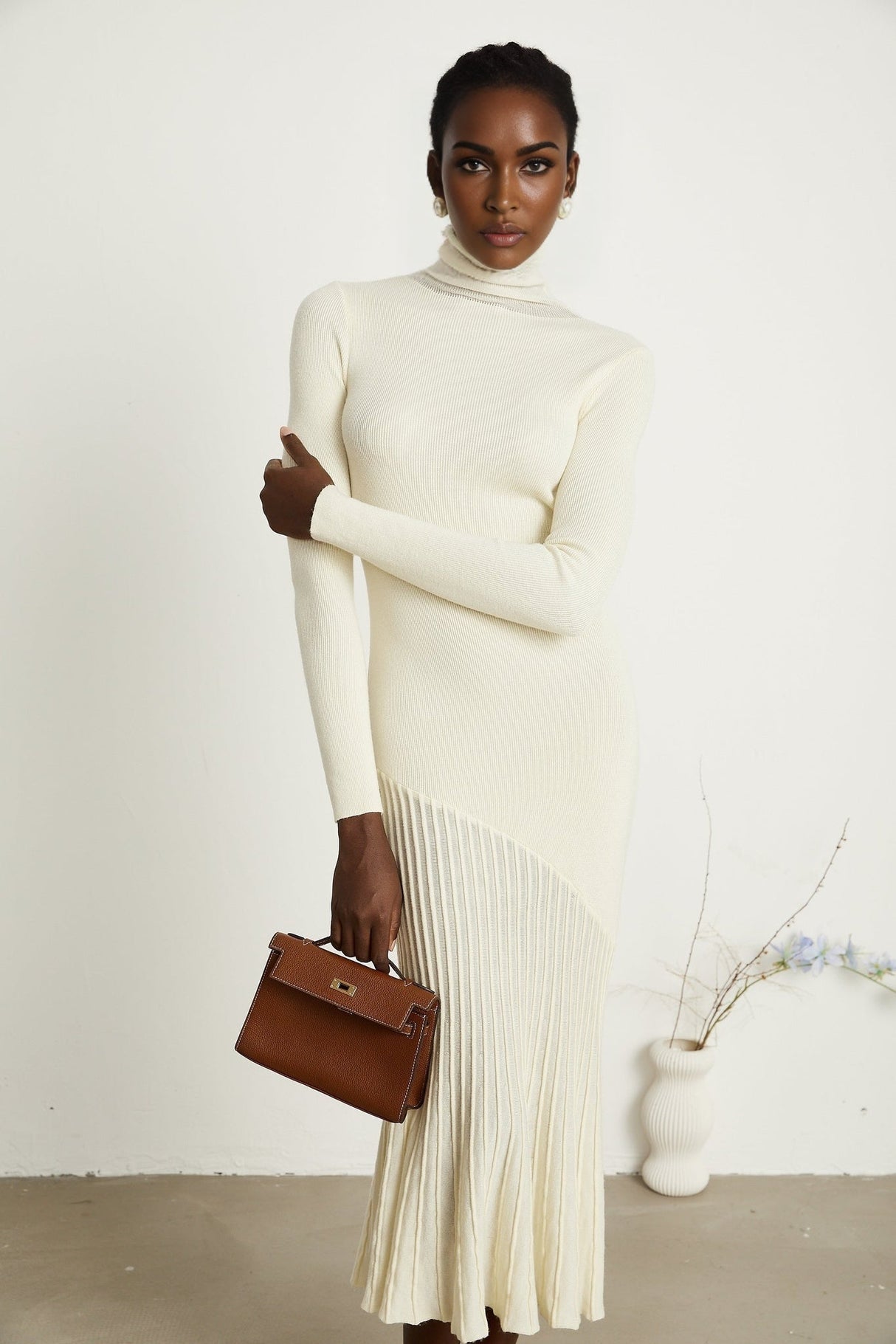 Costanza Midi Dress - High Neck - Long Sleeves - Pleated Design - Semi - Sheer Finish