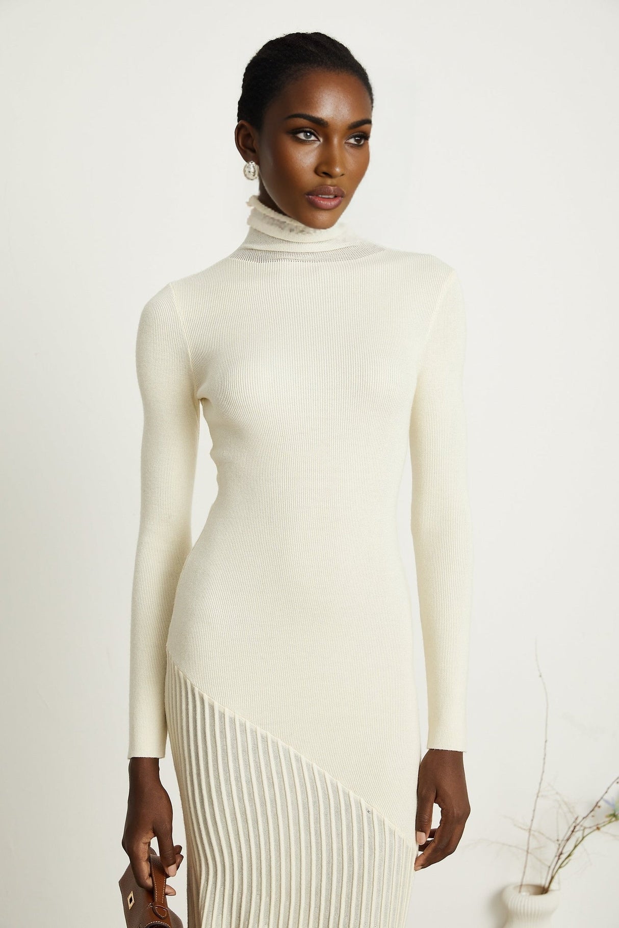 Costanza Midi Dress - High Neck - Long Sleeves - Pleated Design - Semi - Sheer Finish