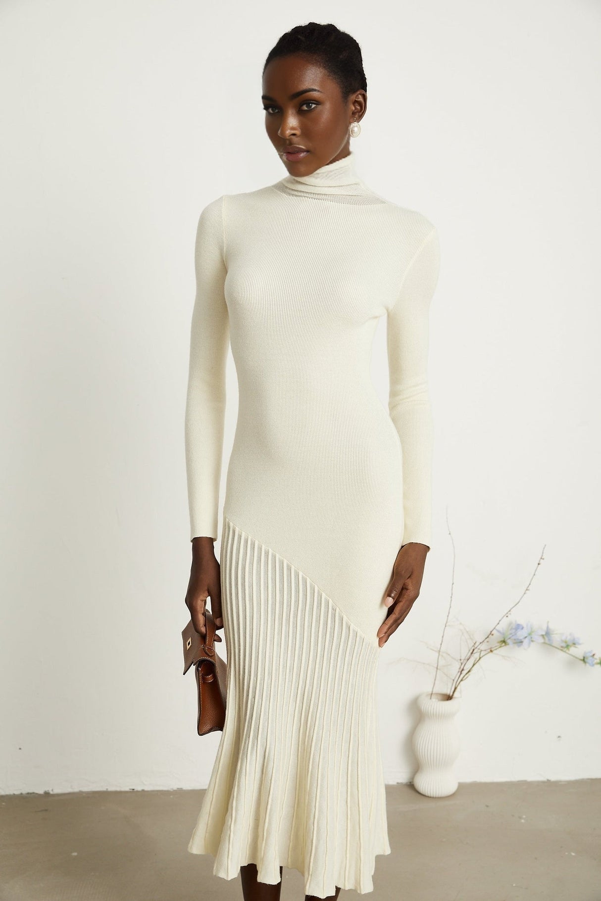 Costanza Midi Dress - High Neck - Long Sleeves - Pleated Design - Semi - Sheer Finish