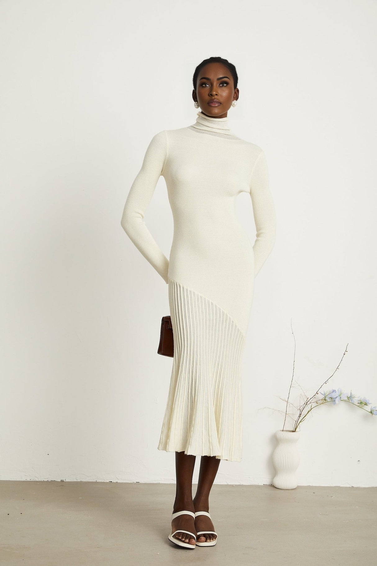 Costanza Midi Dress - High Neck - Long Sleeves - Pleated Design - Semi - Sheer Finish