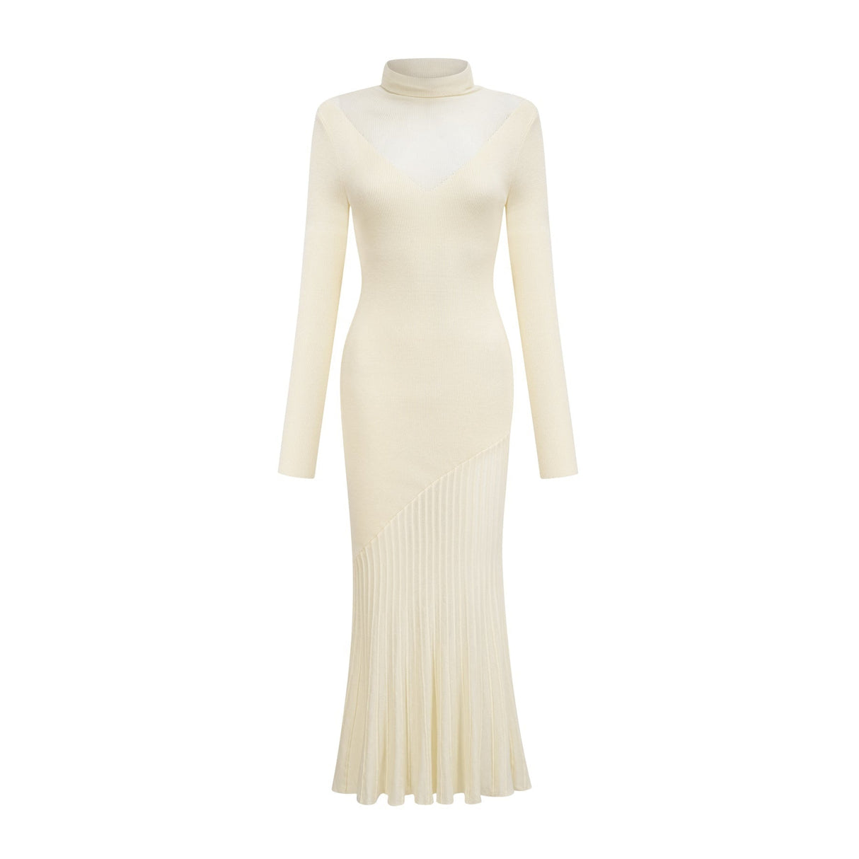 Costanza Midi Dress - High Neck - Long Sleeves - Pleated Design - Semi - Sheer Finish