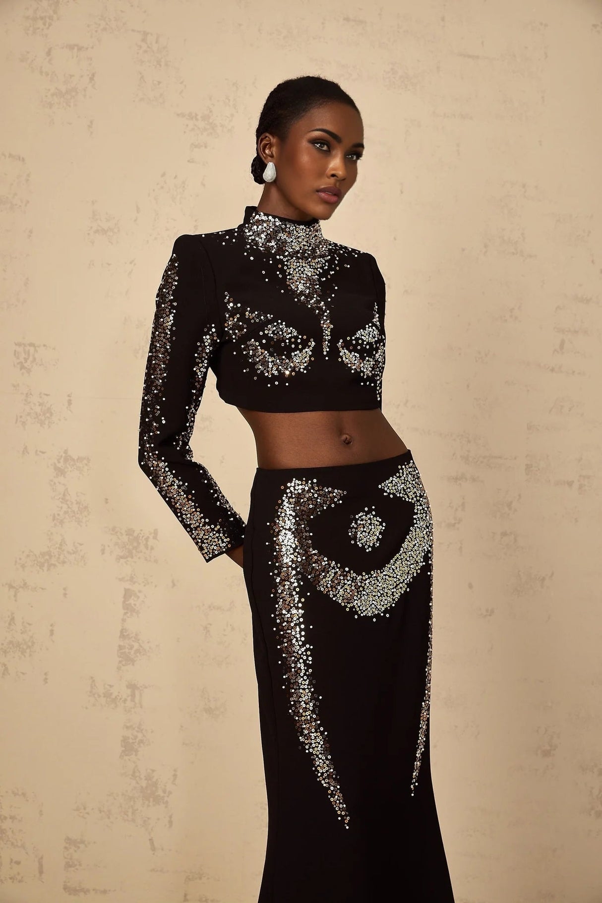 Costanza Top & Skirt Set Sequin Embellished Train Design