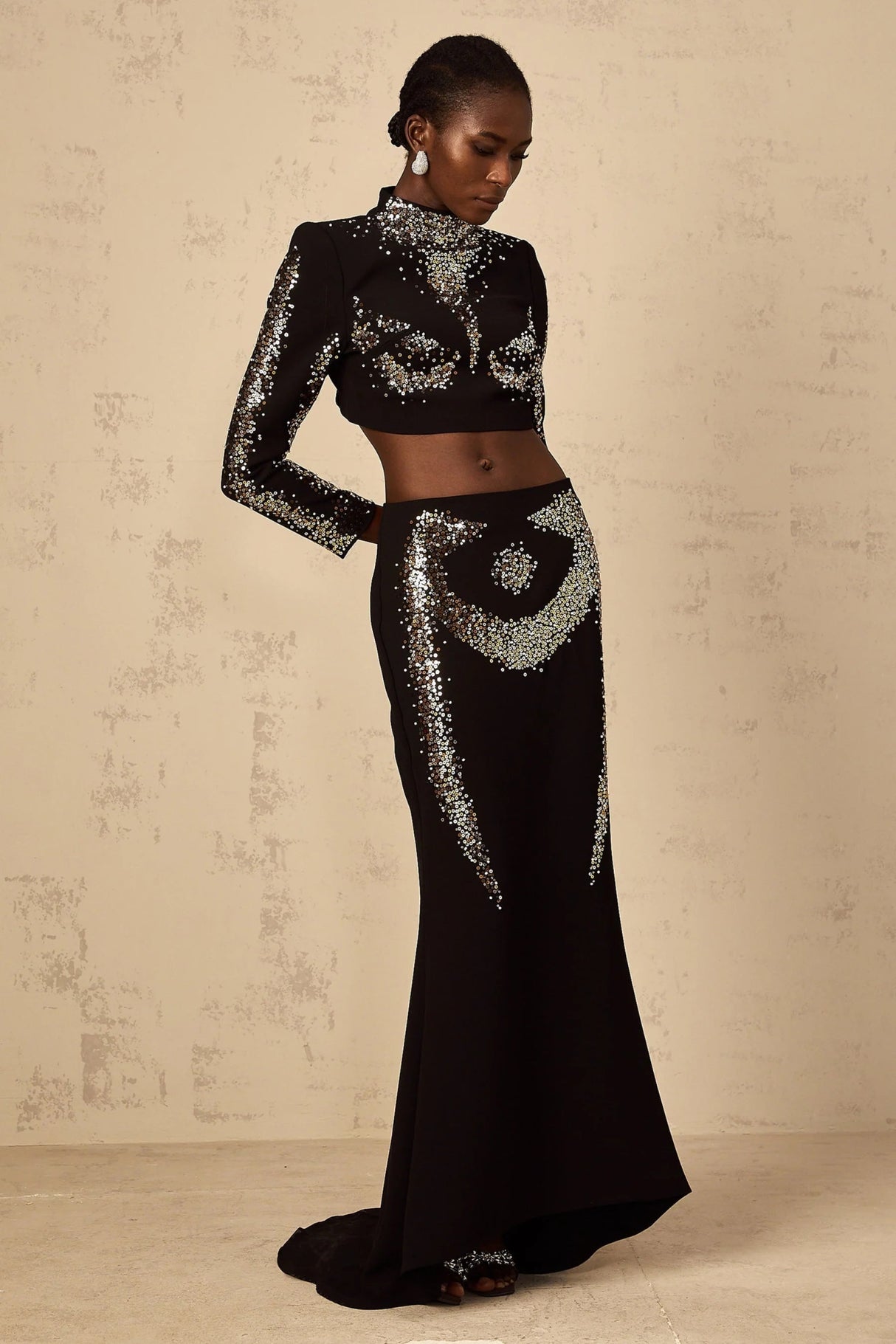 Costanza Top & Skirt Set Sequin Embellished Train Design