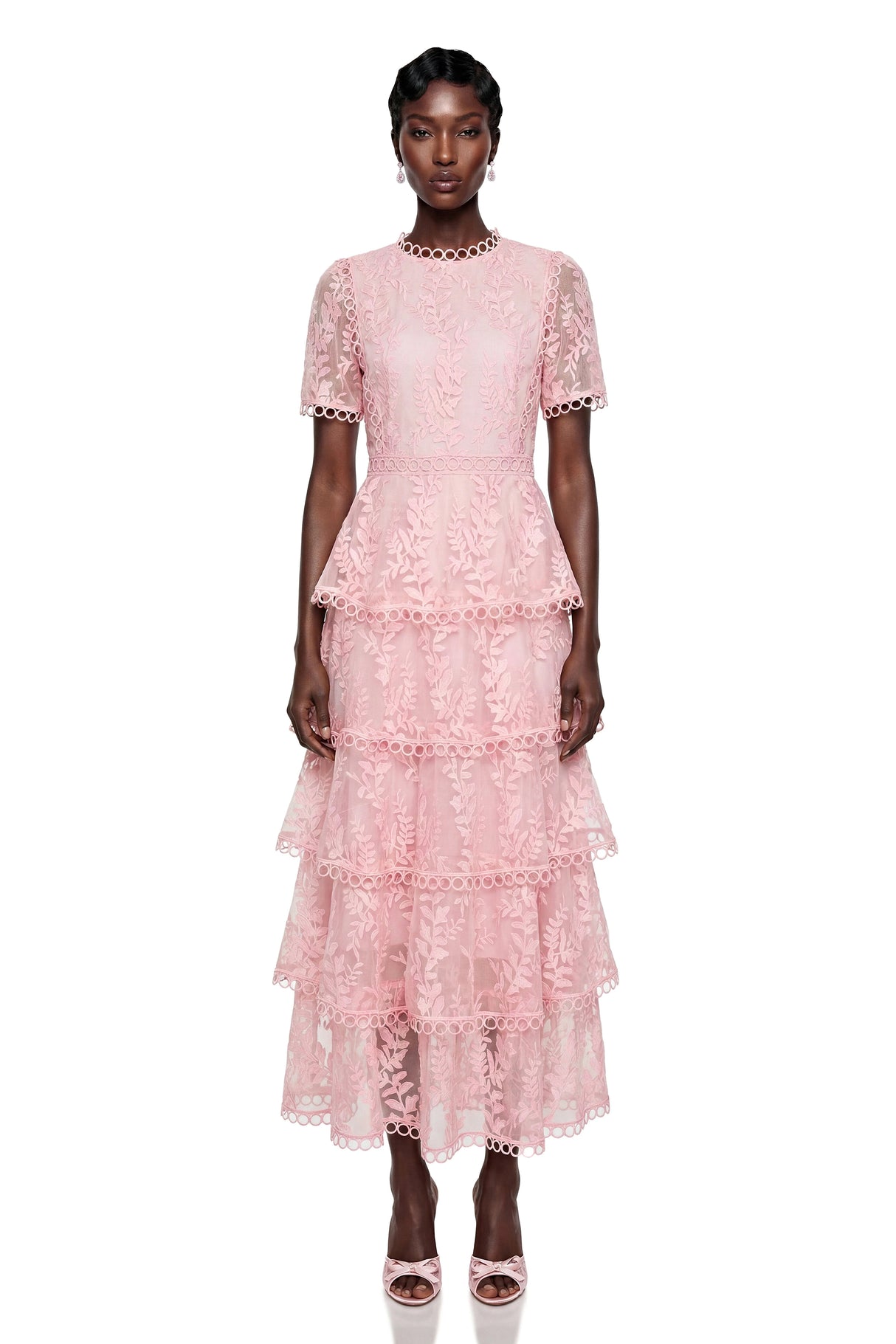 Cressida Pink Floral Embroidered Tiered Maxi Dress