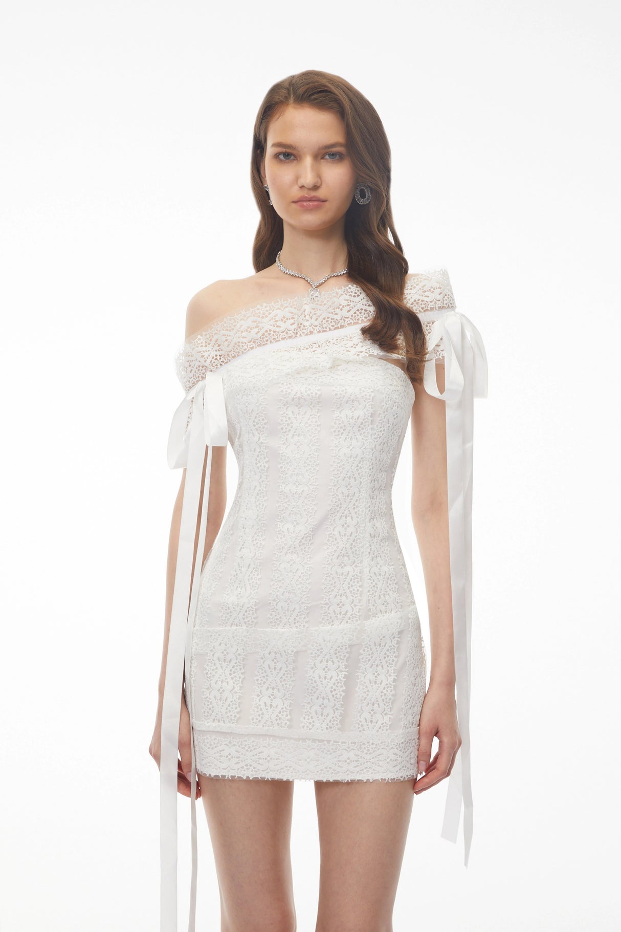 Cressida White One Shoulder Lace Mini Dress with CutOuts and Bow