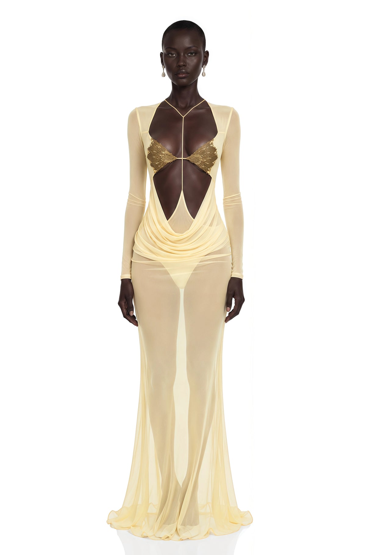 Cressida Yellow CutOut SemiSheer Fishtail Maxi Dress
