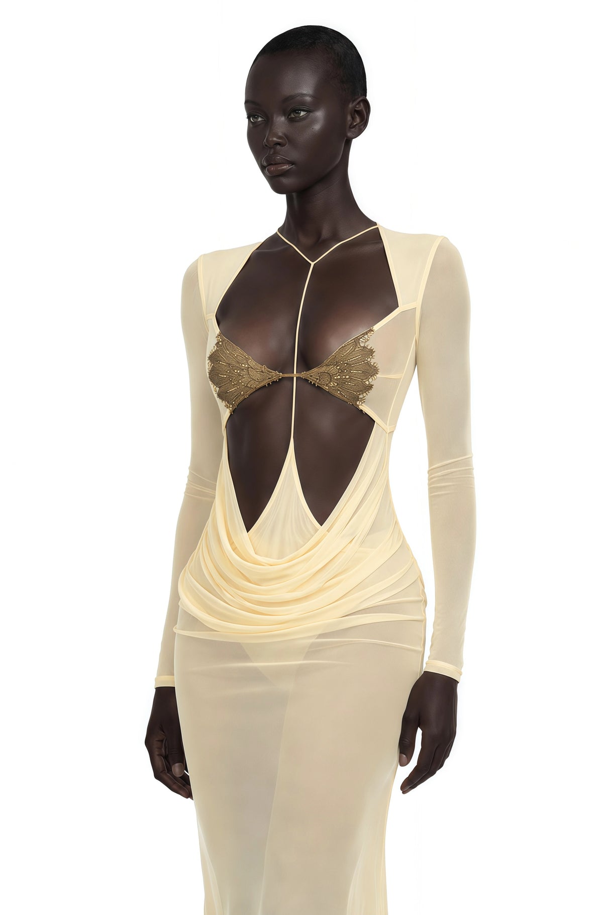 Cressida Yellow CutOut SemiSheer Fishtail Maxi Dress
