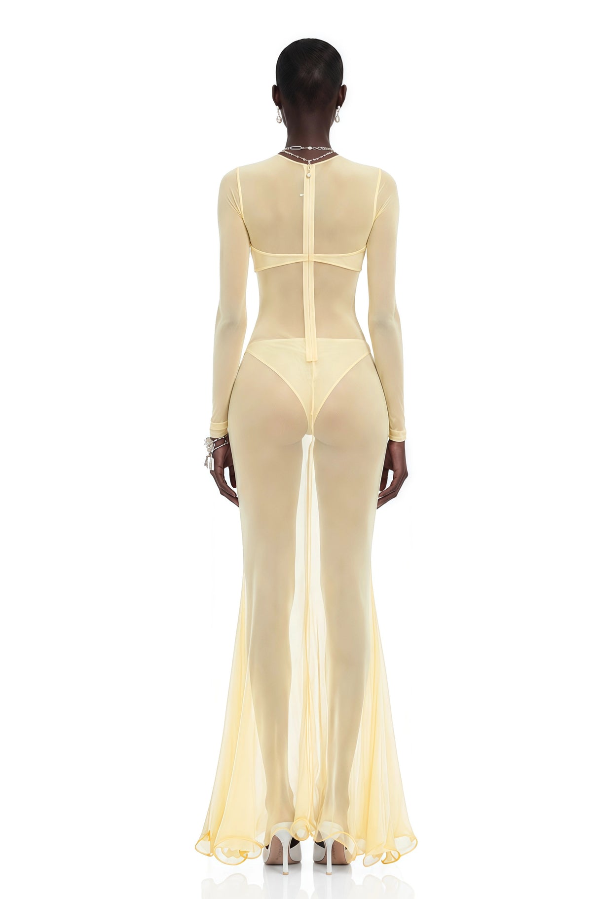 Cressida Yellow CutOut SemiSheer Fishtail Maxi Dress