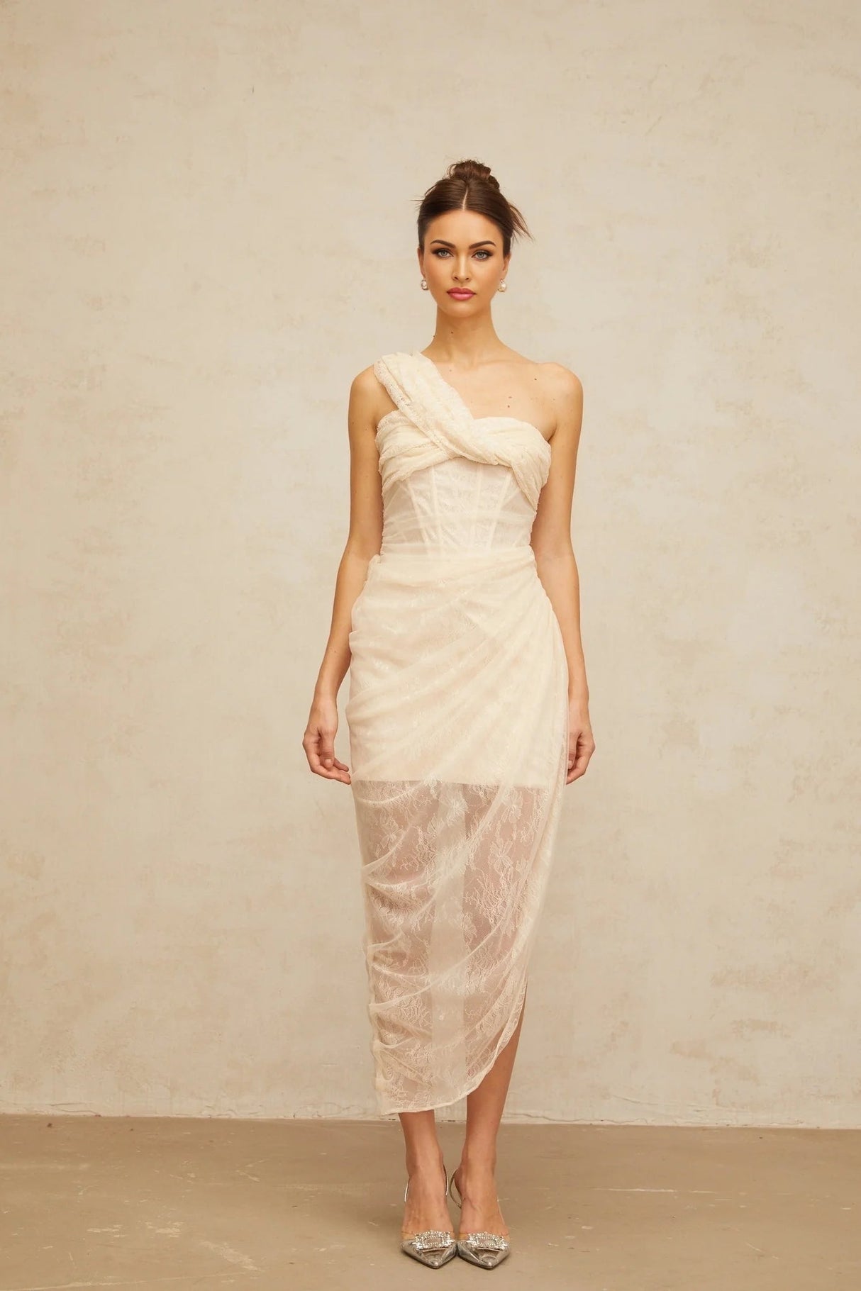 Cristiana Midi Dress Floral Lace Tulle Panel & Side Slit