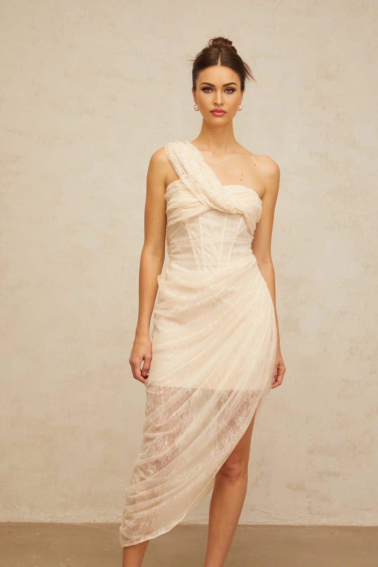 Cristiana Midi Dress Floral Lace Tulle Panel & Side Slit