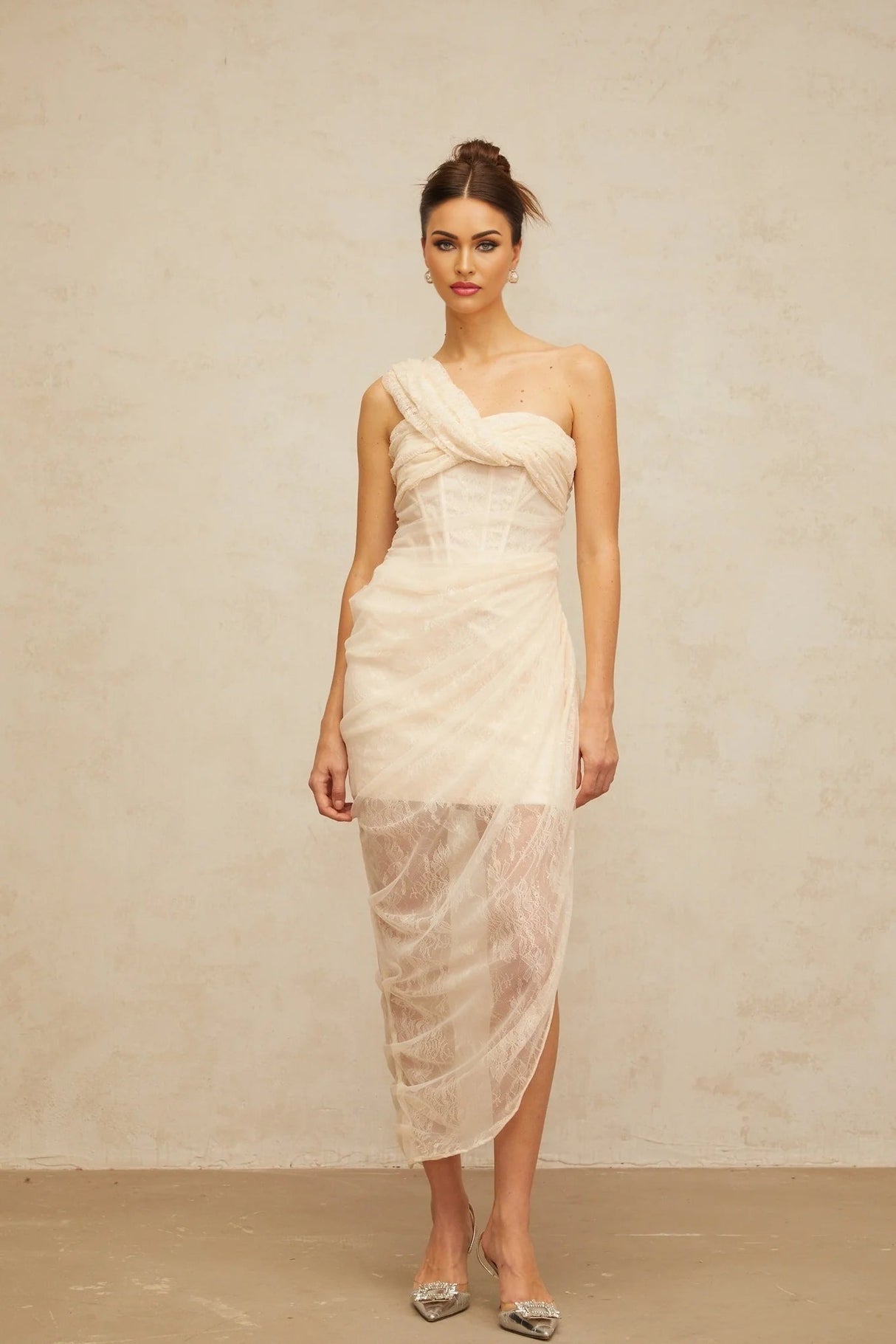 Cristiana Midi Dress Floral Lace Tulle Panel & Side Slit