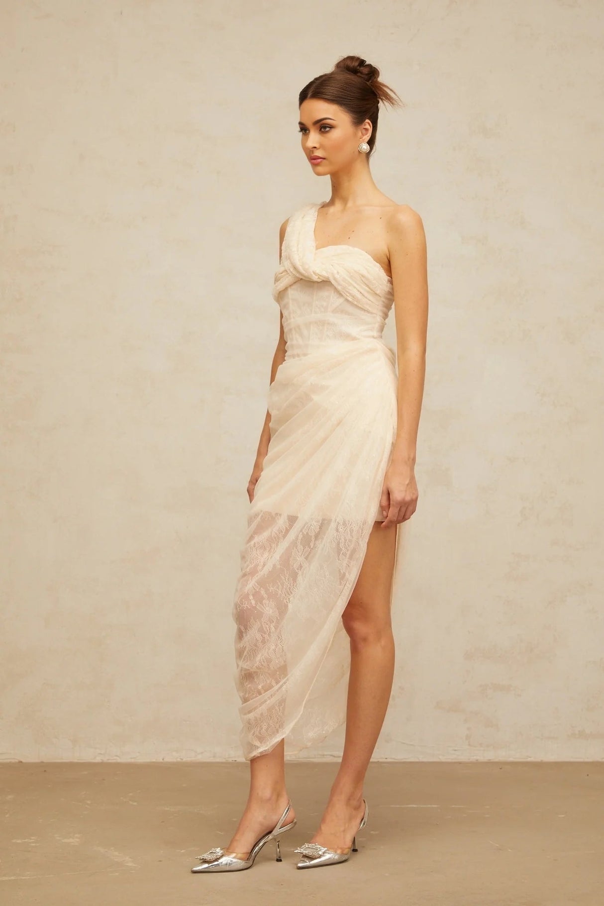 Cristiana Midi Dress Floral Lace Tulle Panel & Side Slit