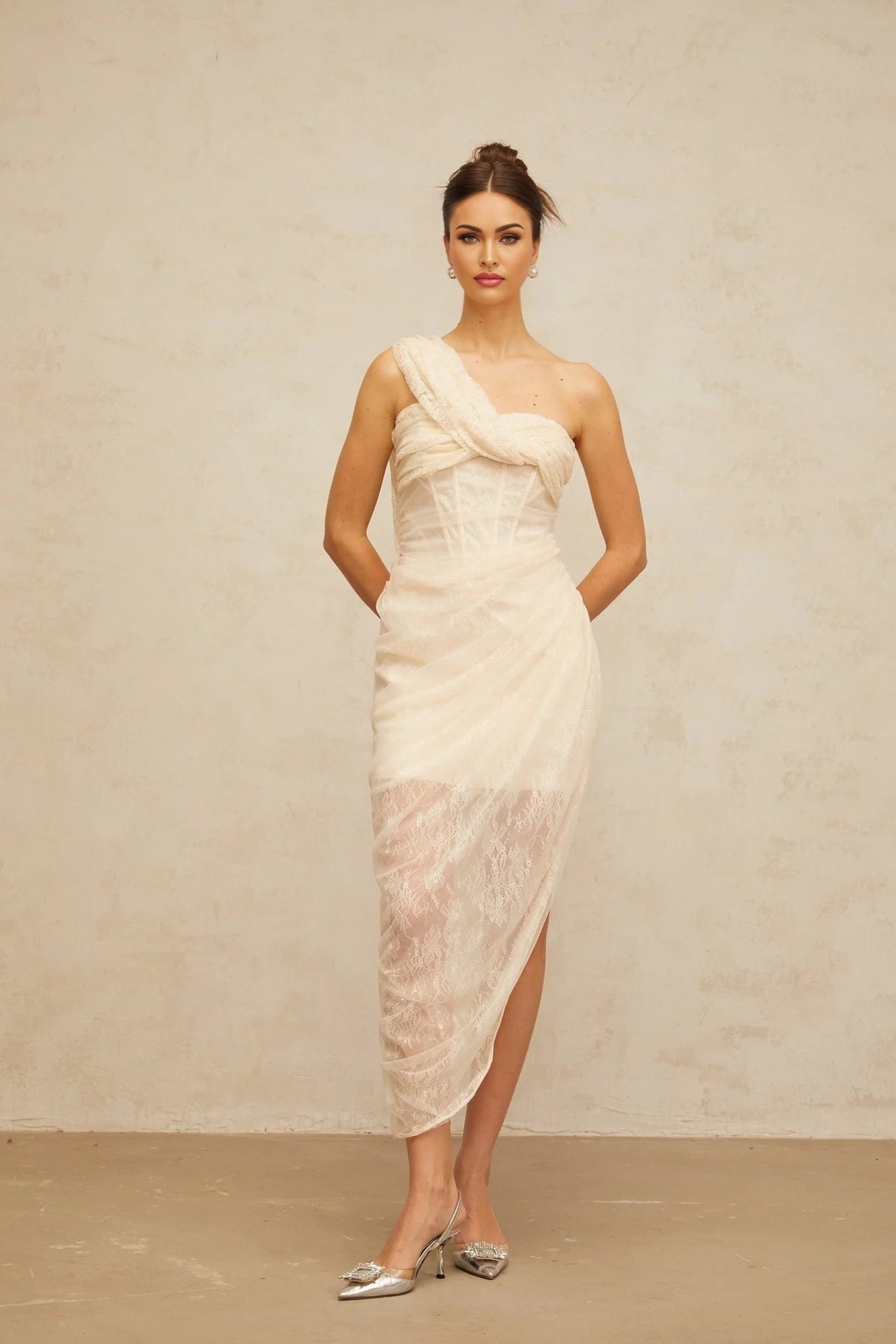 Cristiana Midi Dress Floral Lace Tulle Panel & Side Slit