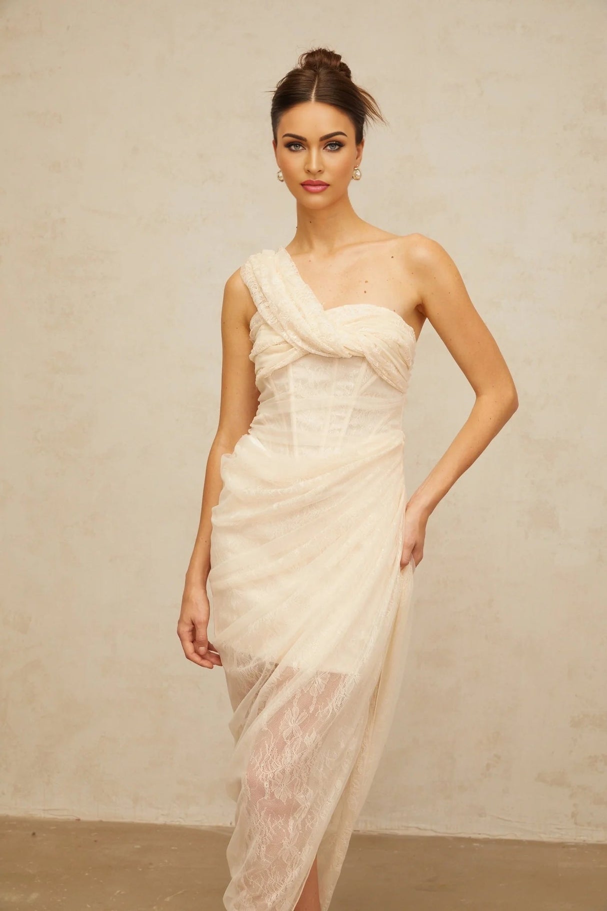 Cristiana Midi Dress Floral Lace Tulle Panel & Side Slit