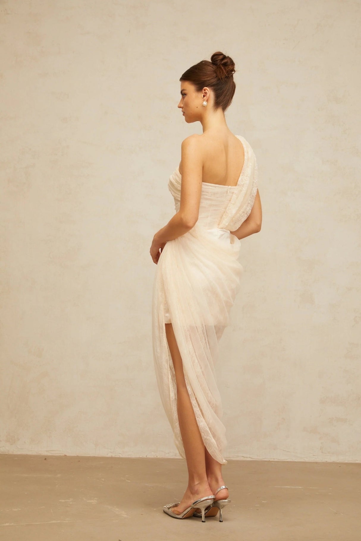 Cristiana Midi Dress Floral Lace Tulle Panel & Side Slit