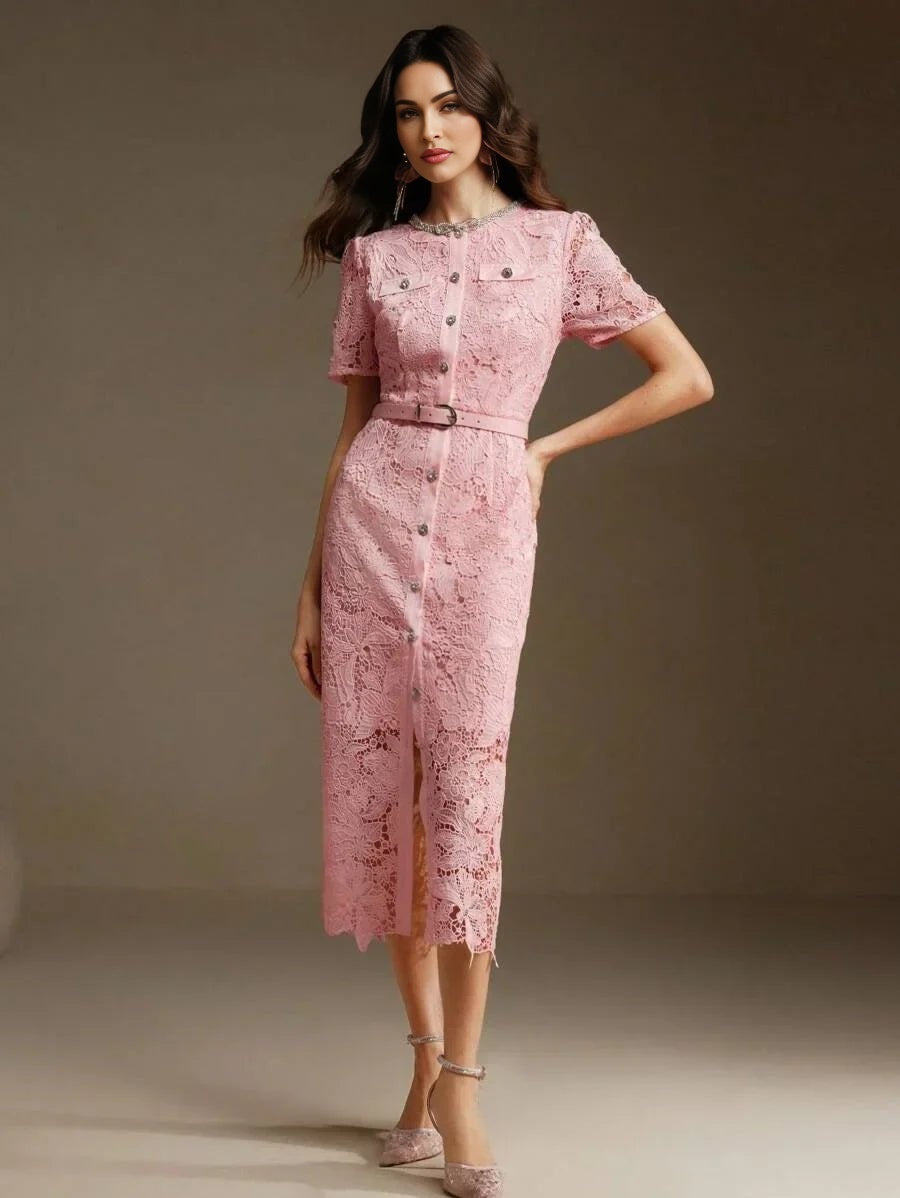 Cristiana Midi Dress - Round Neck - Puff Sleeve - High Waist - Elegant Style - All Over Print