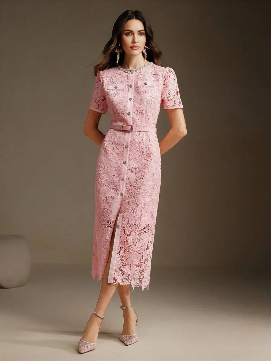 Cristiana Midi Dress - Round Neck - Puff Sleeve - High Waist - Elegant Style - All Over Print