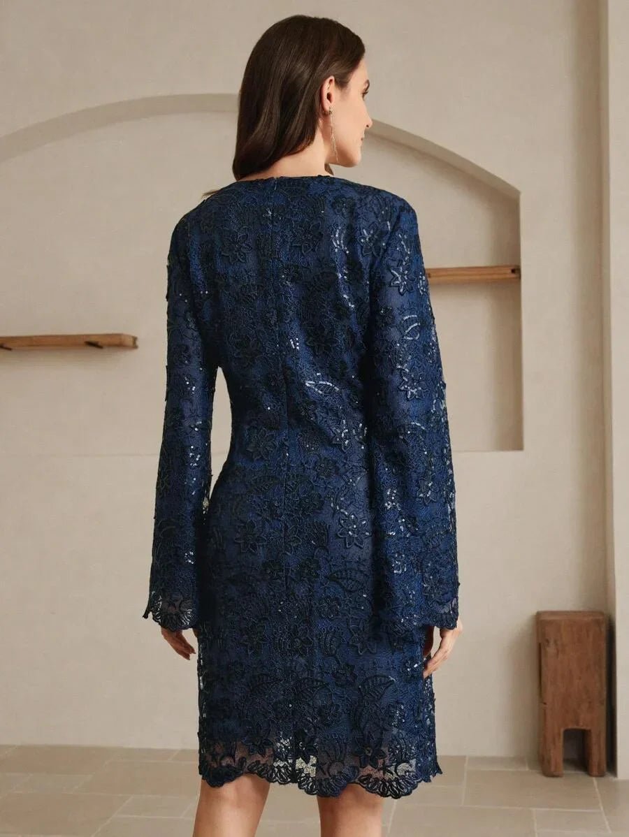 Cristina Midi Dress - V Neckline - Flared Hem - High Waist - Contrast Sequin - Sheer Split