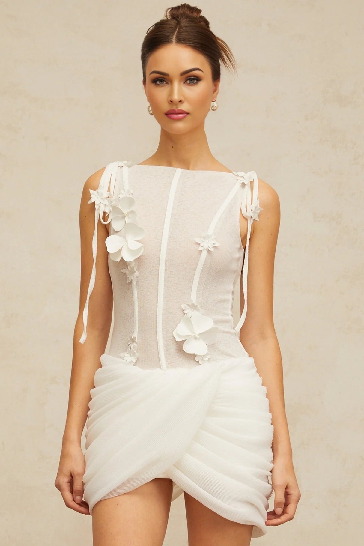 Cristina Mini Dress White Floral Appliqu Ruched Cinched Waist Silhouette Zip Length