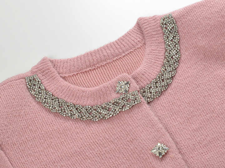 Cropped Cardigan and Pencil Skirt Set - Beaded Collar and Pocket Details for a Chic Look