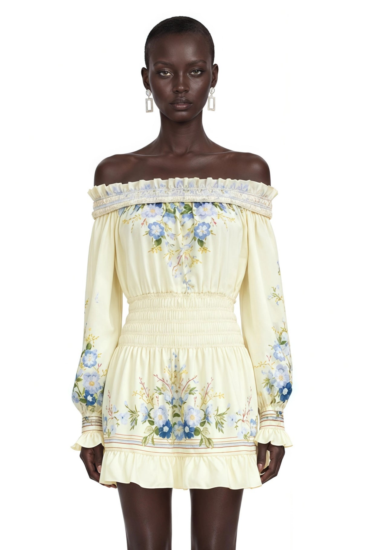 Crystal Yellow Off Shoulder Floral Print Mini Dress
