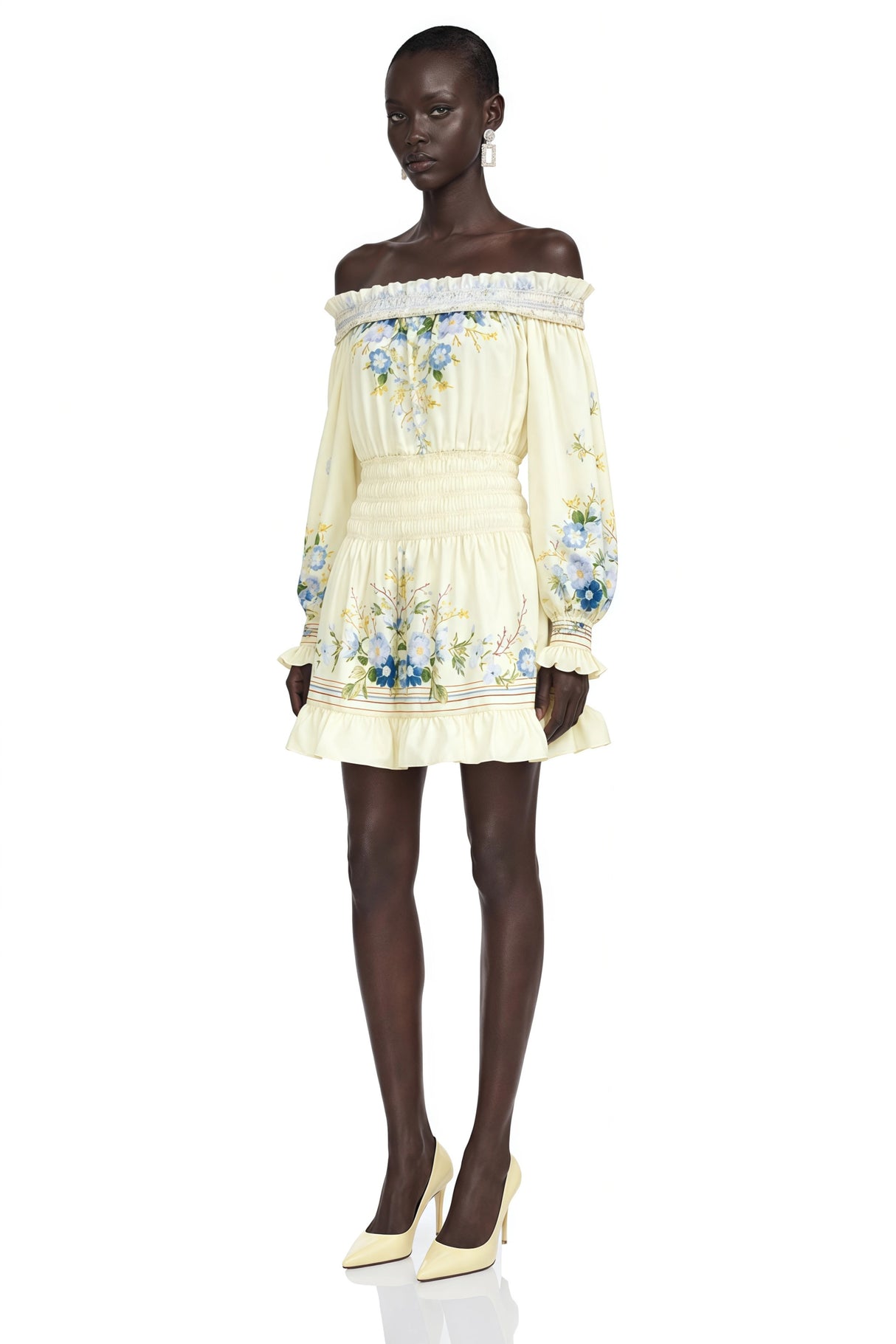 Crystal Yellow Off Shoulder Floral Print Mini Dress