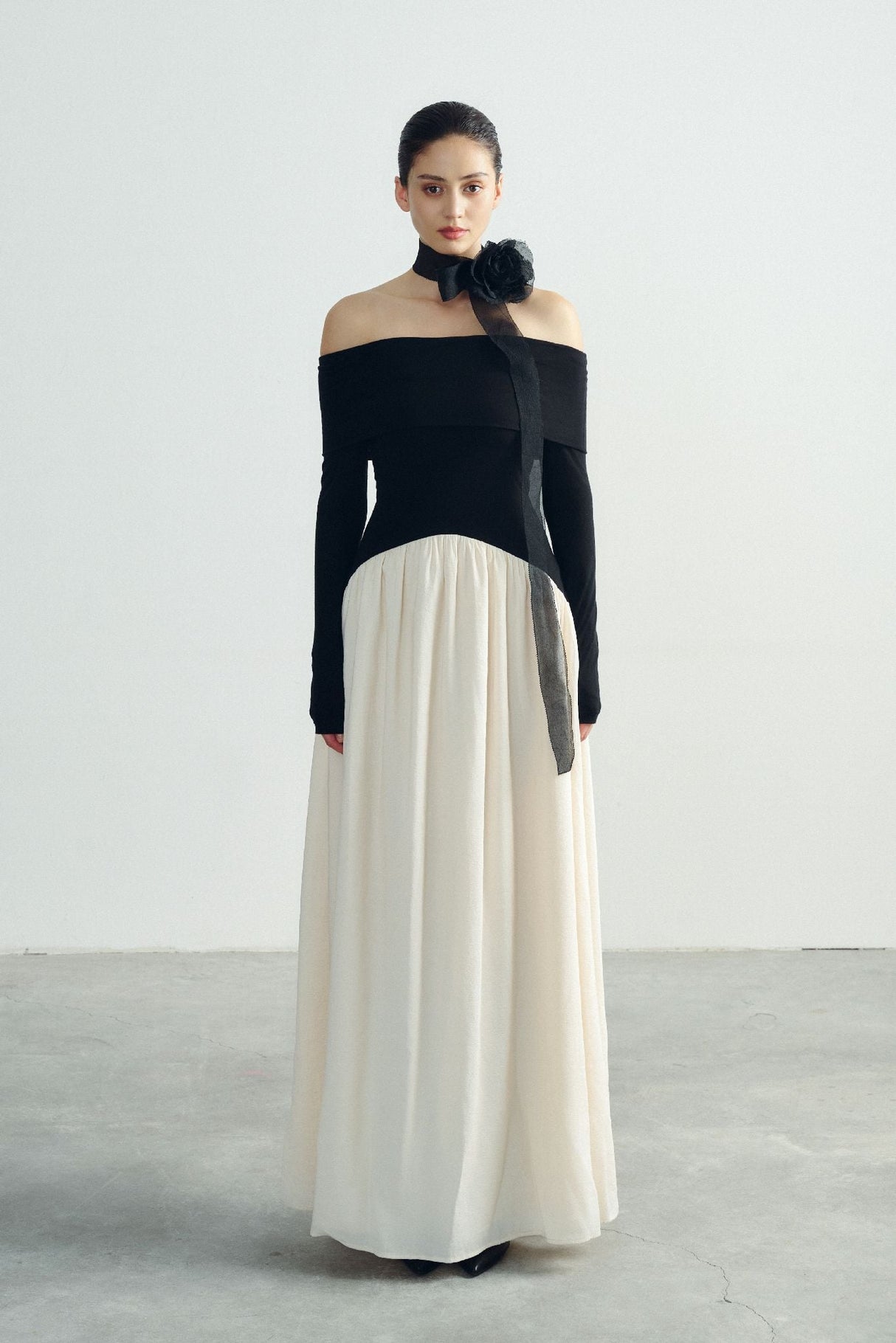 Sofia Off Shoulder Maxi Dress – Adjustable Neckline – Soft Stretch Fit