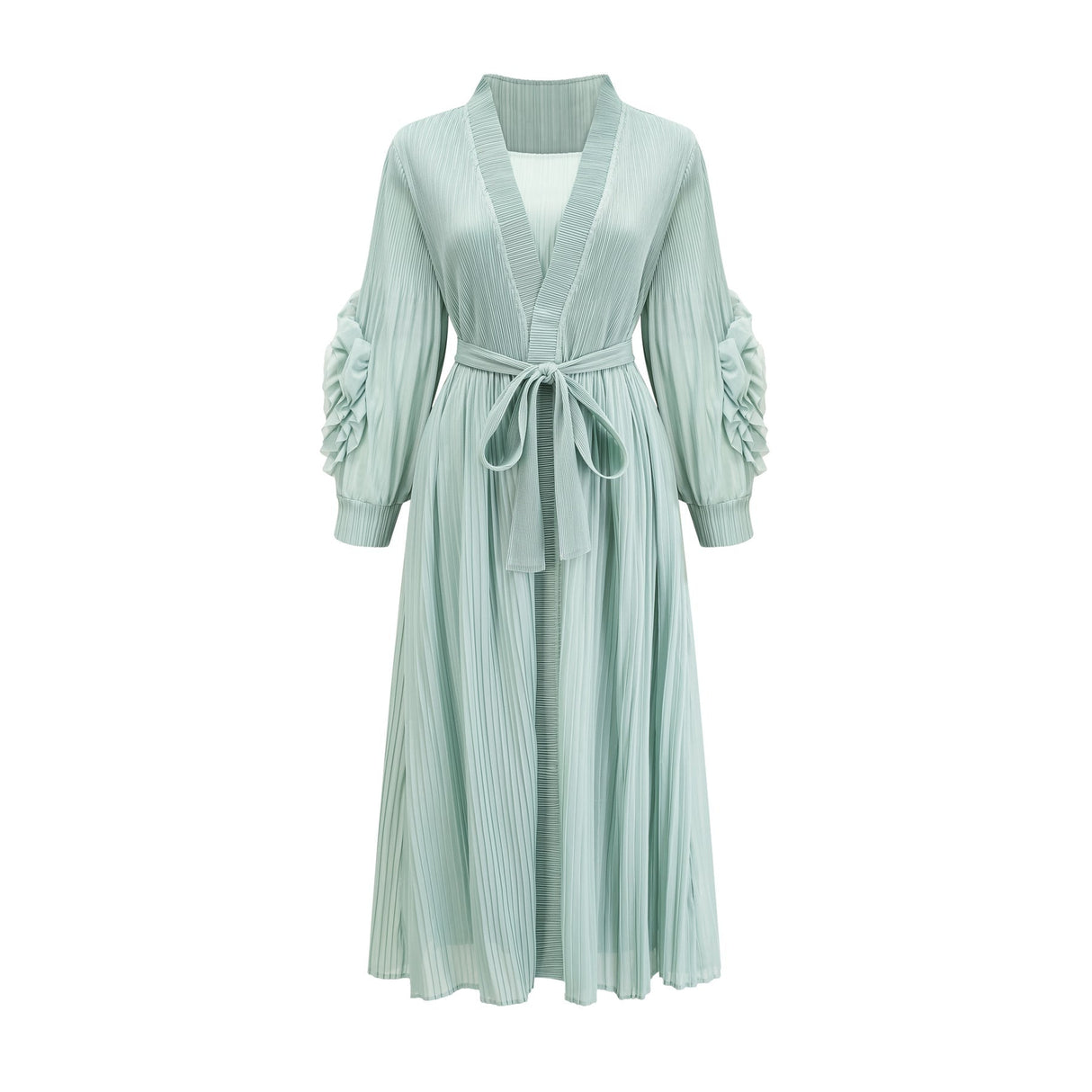 Cynthia Dress & Coat - Long Sleeve Faux - Flower Design - Elasticated Cuffs - Pleated Midi Dress