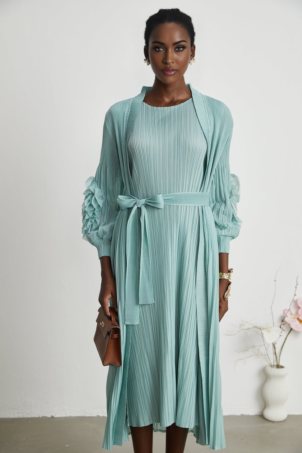 Cynthia Dress & Coat - Long Sleeve Faux - Flower Design - Elasticated Cuffs - Pleated Midi Dress