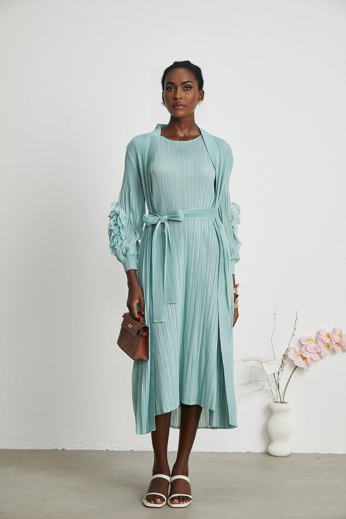 Cynthia Dress & Coat - Long Sleeve Faux - Flower Design - Elasticated Cuffs - Pleated Midi Dress