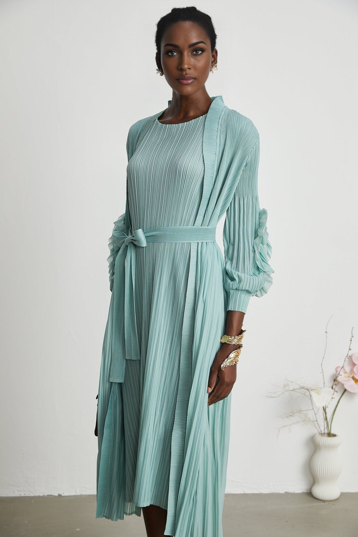 Cynthia Dress & Coat - Long Sleeve Faux - Flower Design - Elasticated Cuffs - Pleated Midi Dress