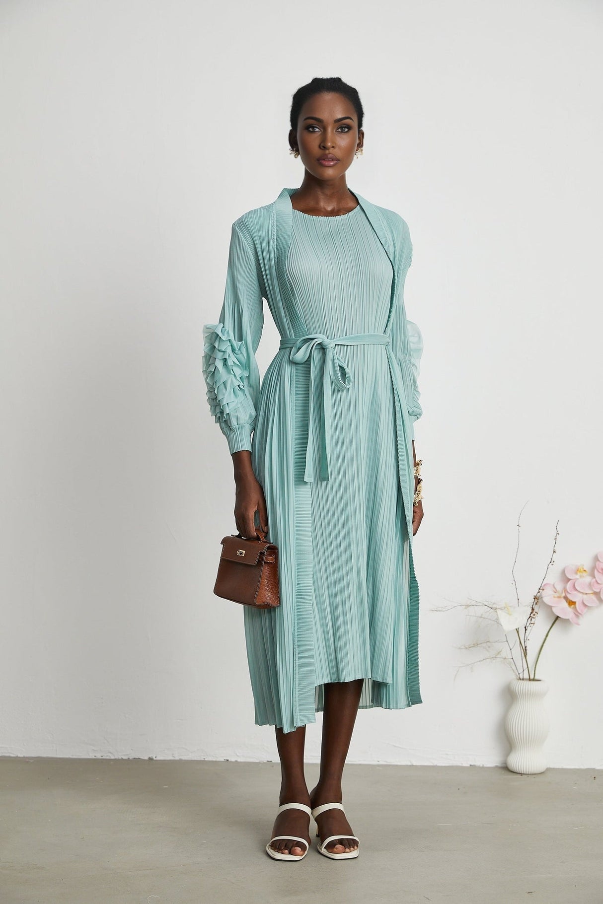 Cynthia Dress & Coat - Long Sleeve Faux - Flower Design - Elasticated Cuffs - Pleated Midi Dress