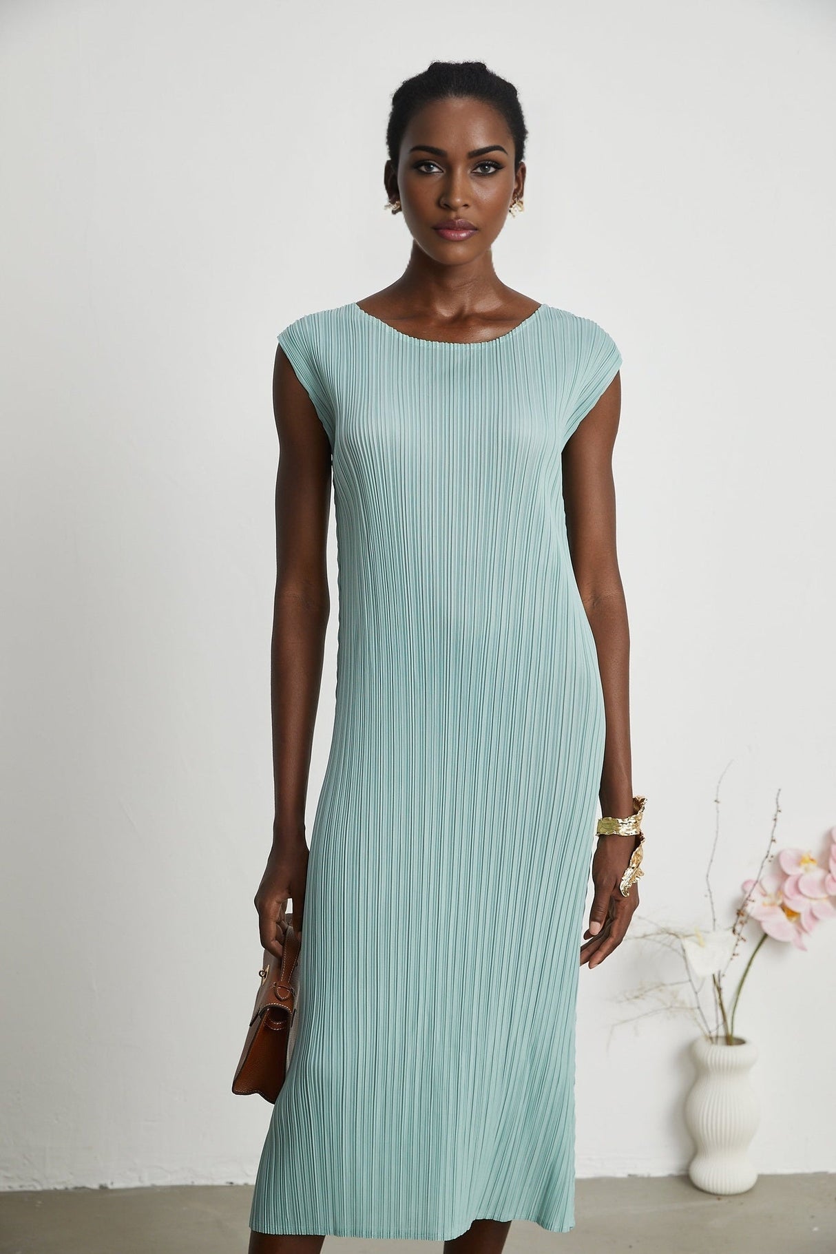 Cynthia Dress & Coat - Long Sleeve Faux - Flower Design - Elasticated Cuffs - Pleated Midi Dress